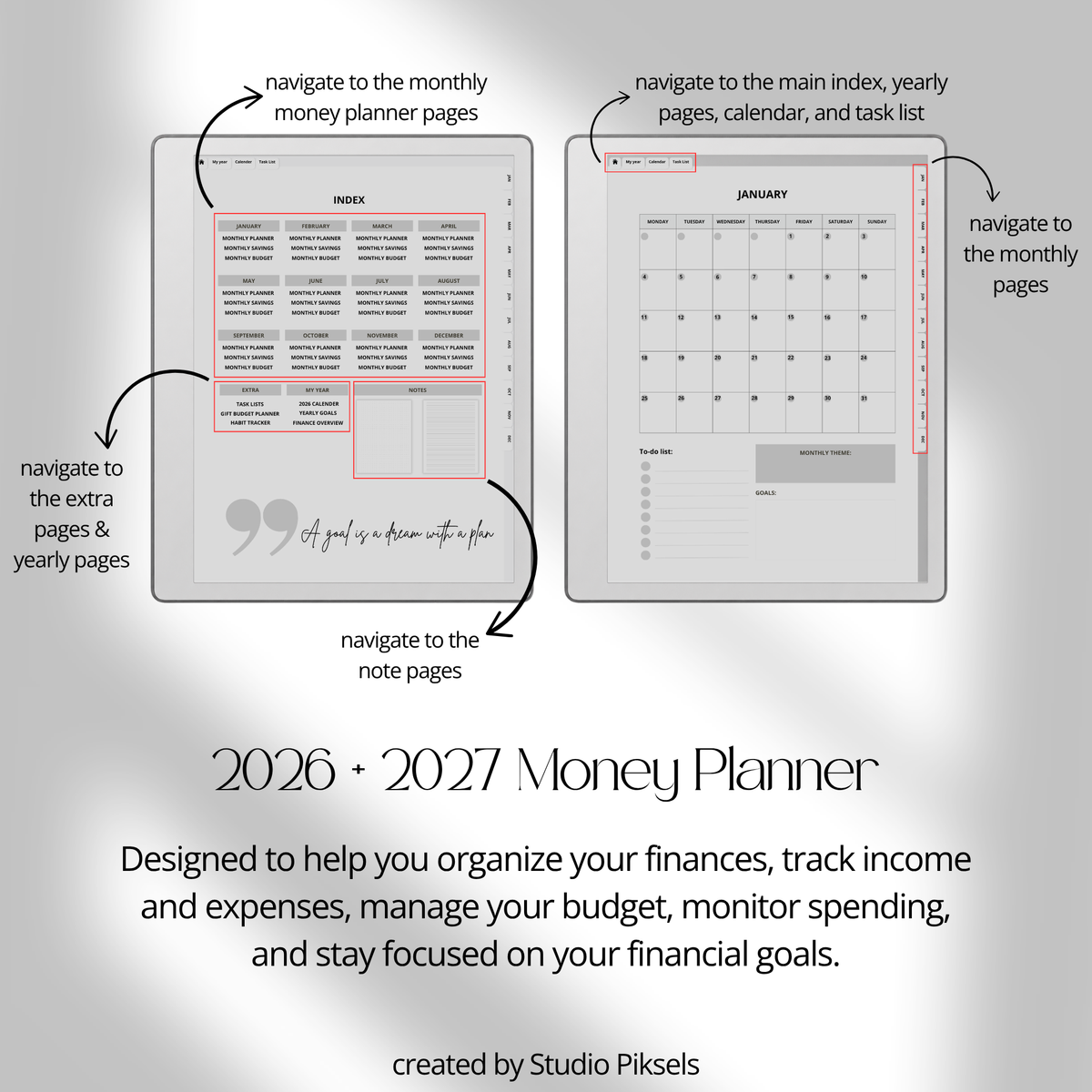 2026 + 2027 Budget Planner for reMarkable 2 and Paper Pure to track expenses, manage budgets, monitor savings, and organize financial goals.