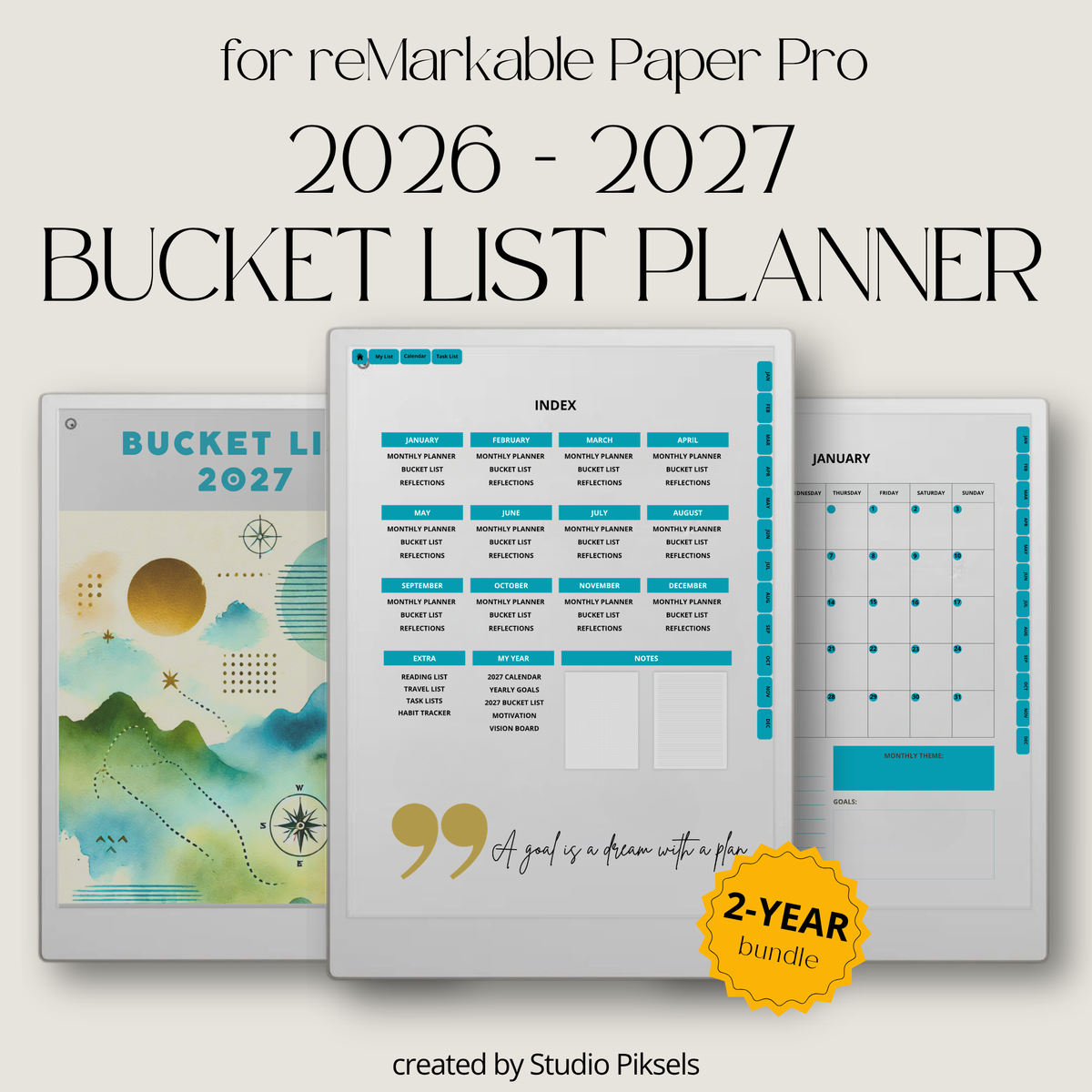 2026 + 2027 digital bucket list planner for reMarkable Paper Pro with yearly goals, monthly bucket lists, habit trackers, and reflection pages.