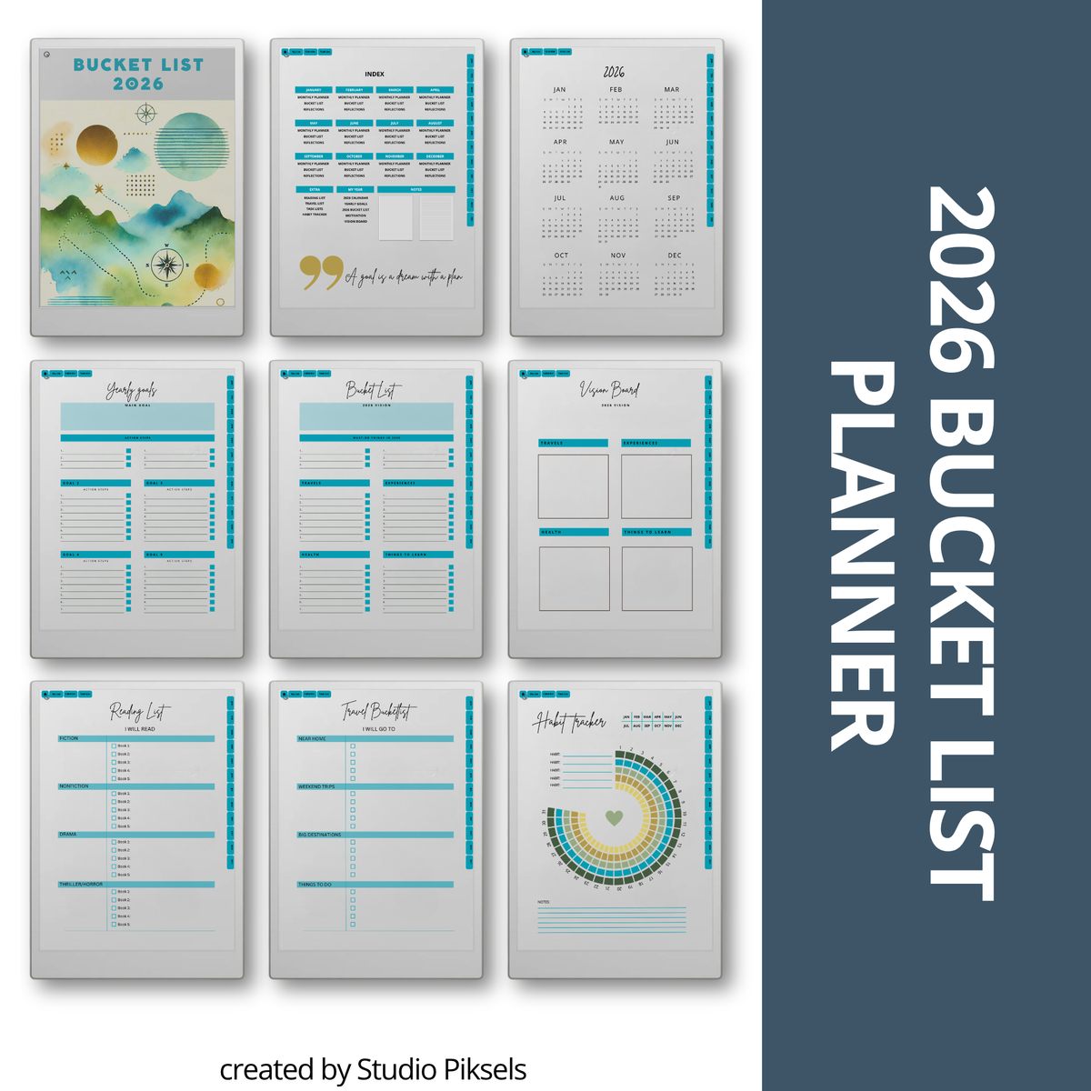 2026 + 2027 digital bucket list planner for reMarkable Paper Pro with yearly goals, monthly bucket lists, habit trackers, and reflection pages.