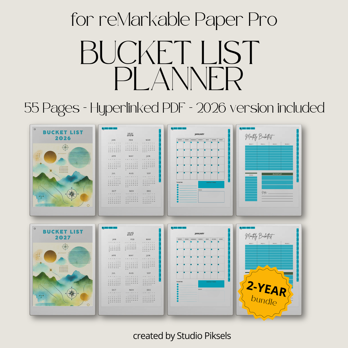 2026 + 2027 digital bucket list planner for reMarkable Paper Pro with yearly goals, monthly bucket lists, habit trackers, and reflection pages.