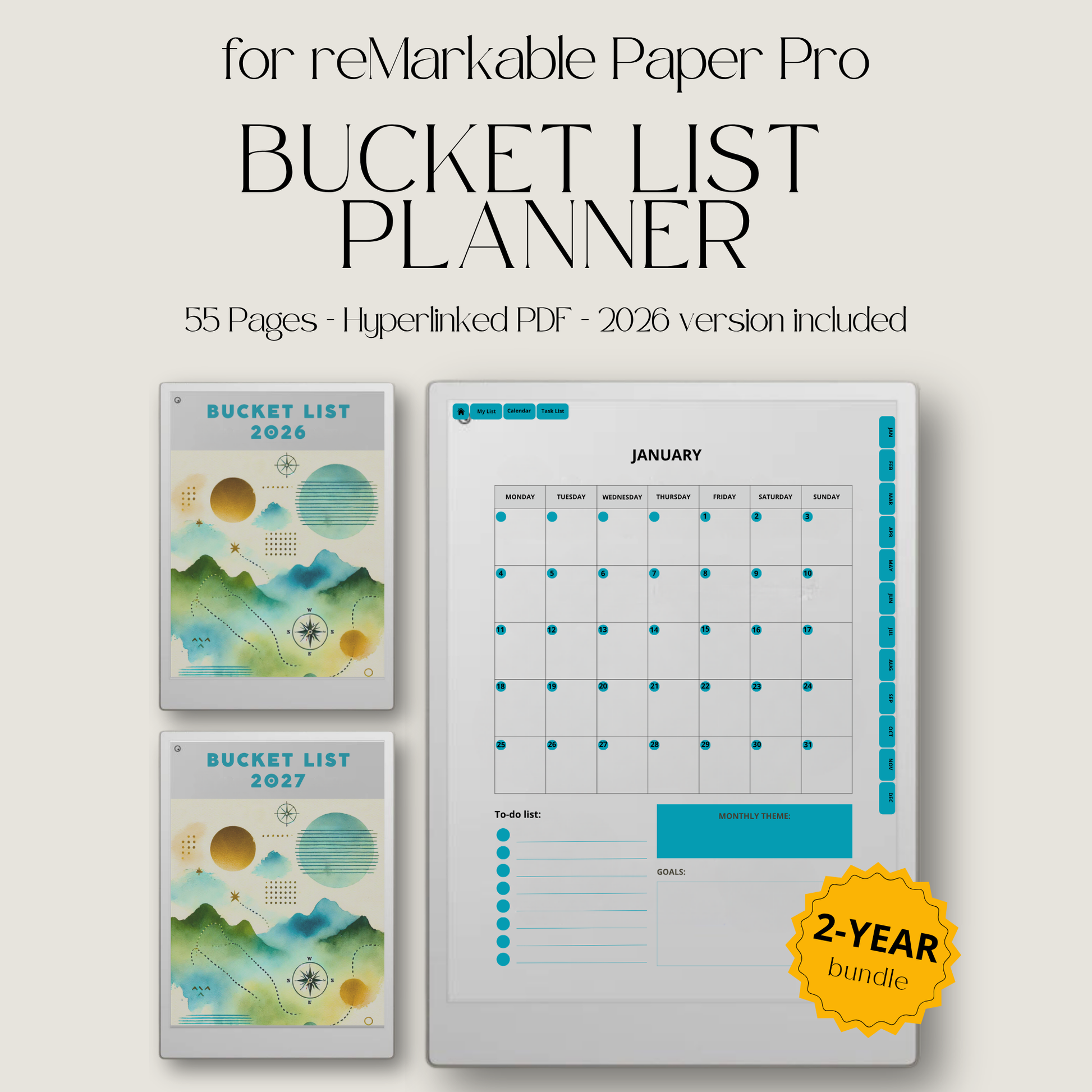 2026 + 2027 digital bucket list planner for reMarkable Paper Pro with yearly goals, monthly bucket lists, habit trackers, and reflection pages.