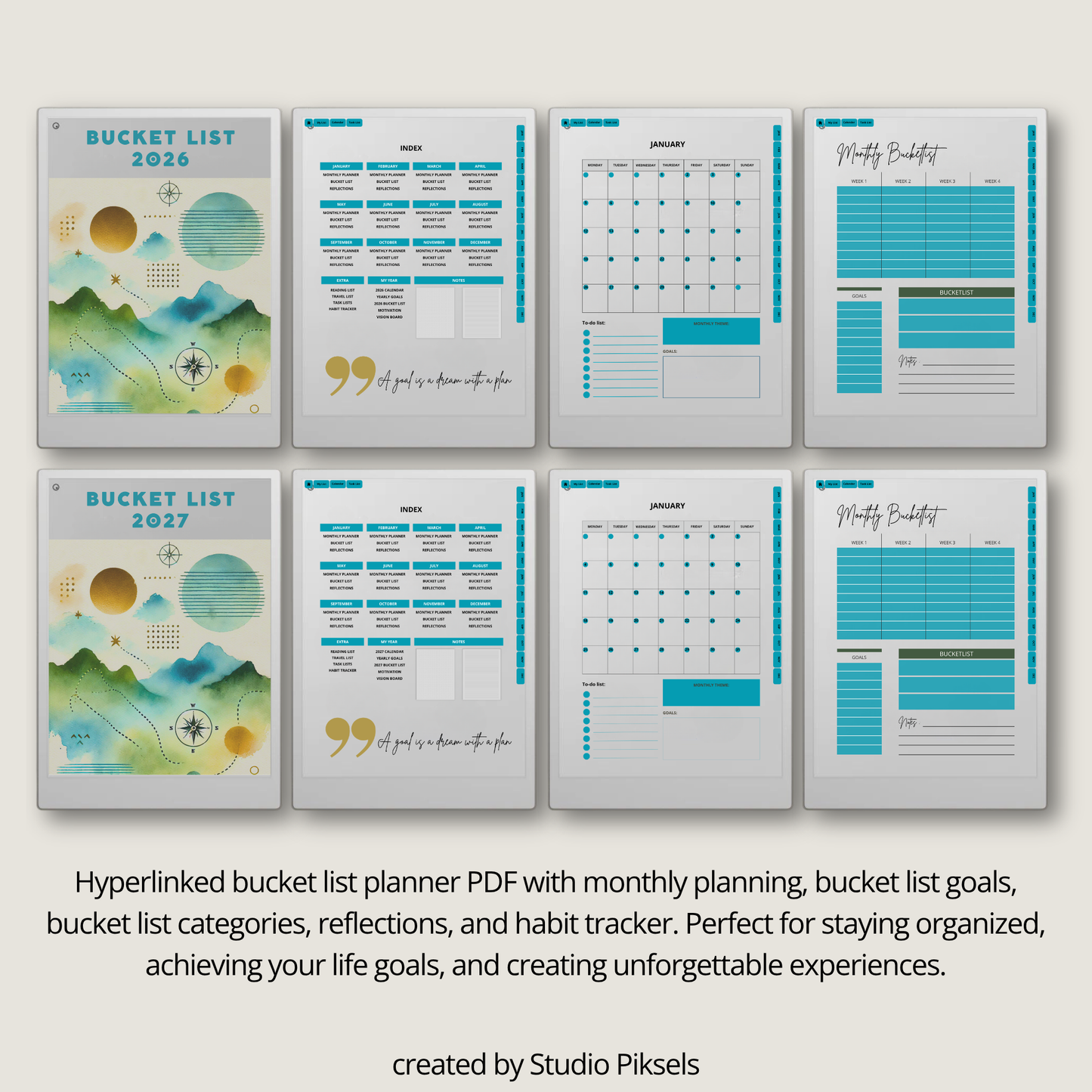 2026 + 2027 digital bucket list planner for reMarkable Paper Pro with yearly goals, monthly bucket lists, habit trackers, and reflection pages.