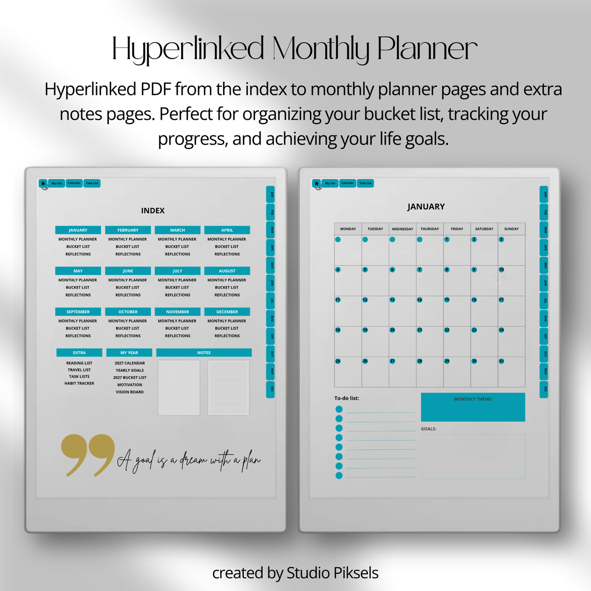 2026 + 2027 digital bucket list planner for reMarkable Paper Pro with yearly goals, monthly bucket lists, habit trackers, and reflection pages.