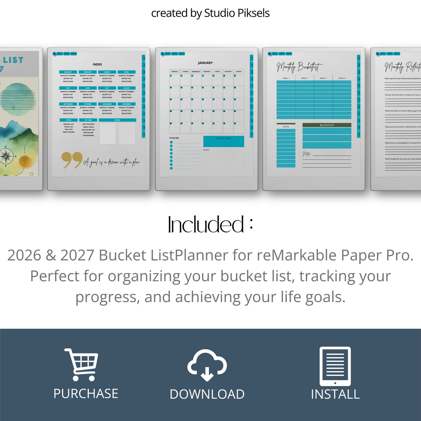 2026 + 2027 digital bucket list planner for reMarkable Paper Pro with yearly goals, monthly bucket lists, habit trackers, and reflection pages.