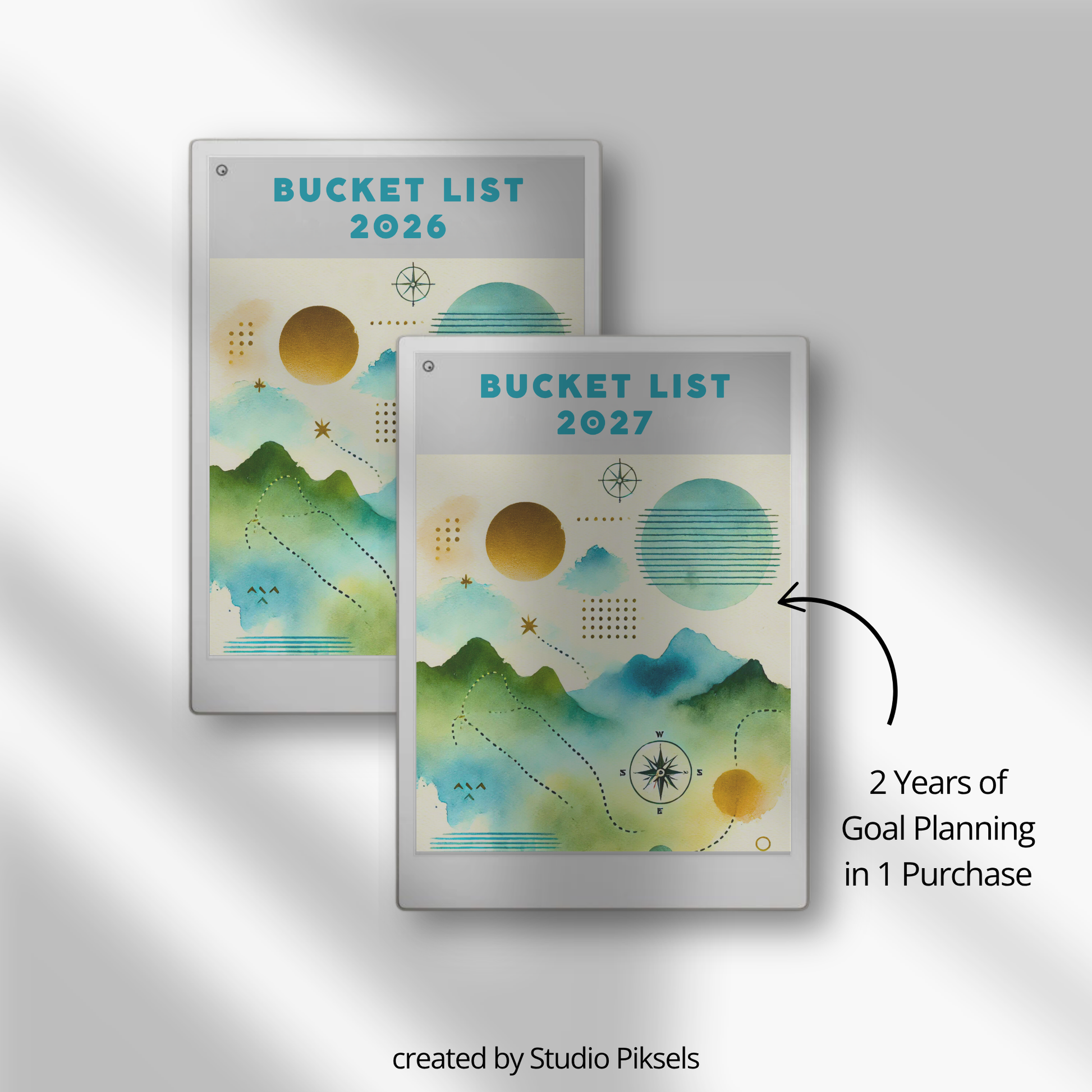 2026 + 2027 digital bucket list planner for reMarkable Paper Pro with yearly goals, monthly bucket lists, habit trackers, and reflection pages.