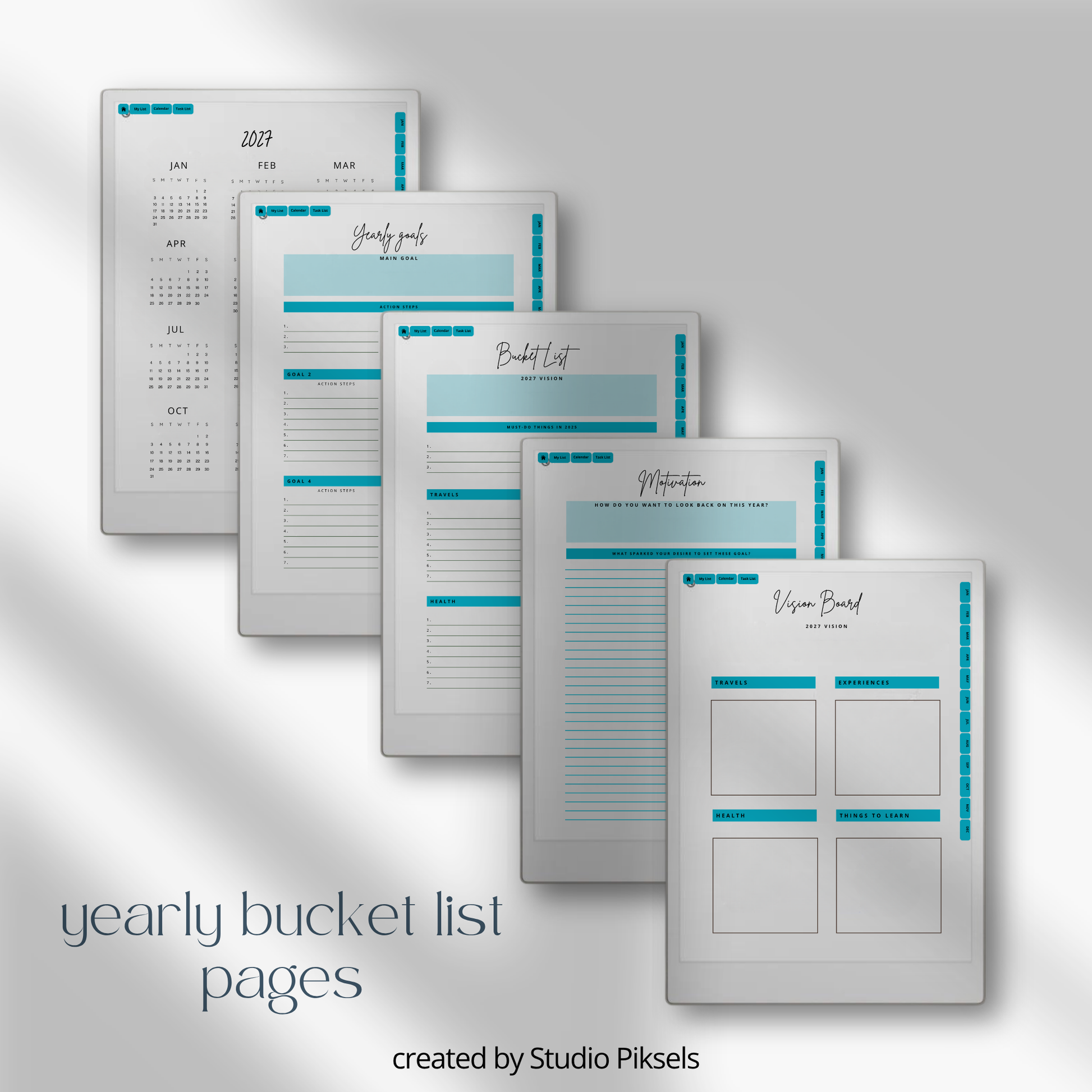 2026 + 2027 digital bucket list planner for reMarkable Paper Pro with yearly goals, monthly bucket lists, habit trackers, and reflection pages.
