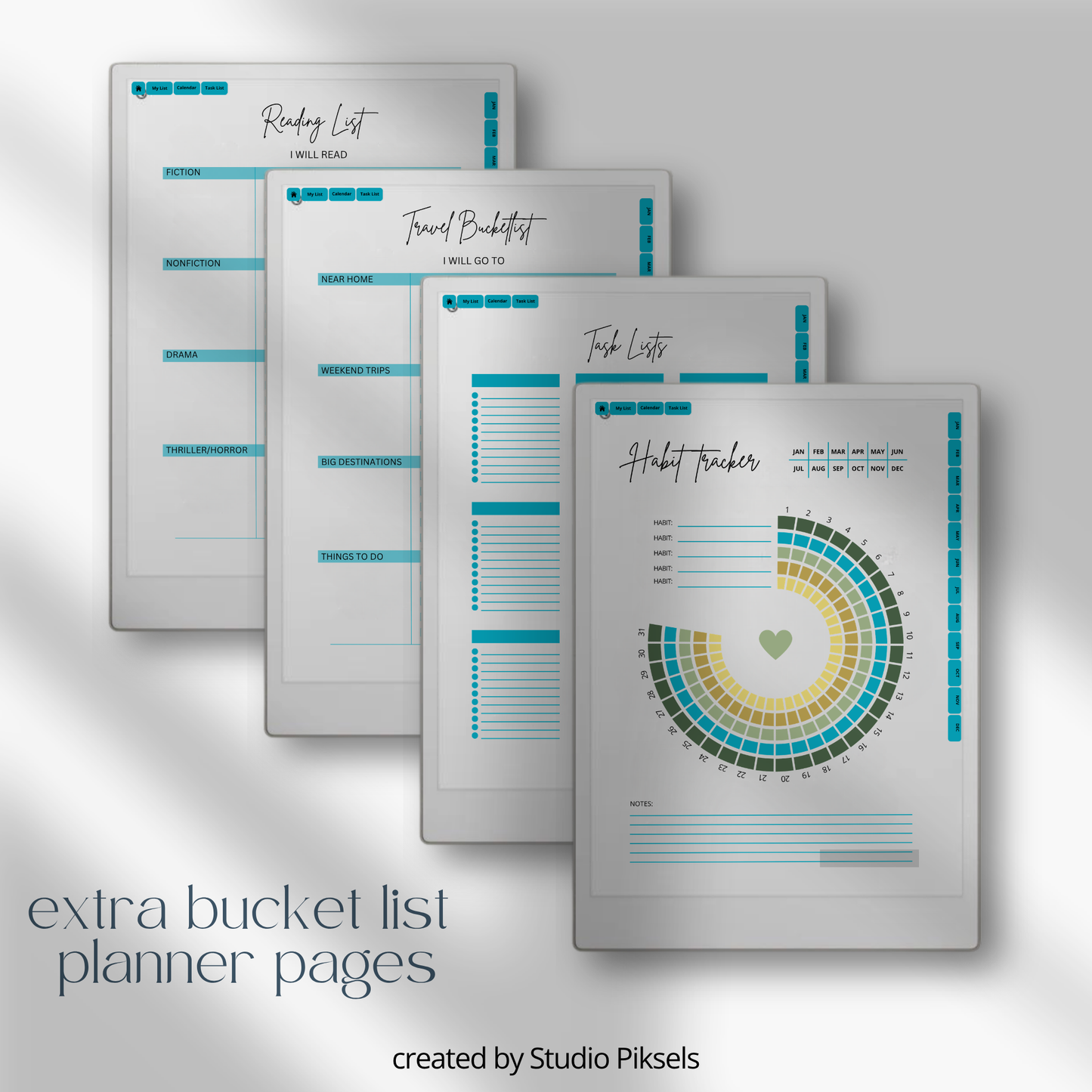 2026 + 2027 digital bucket list planner for reMarkable Paper Pro with yearly goals, monthly bucket lists, habit trackers, and reflection pages.