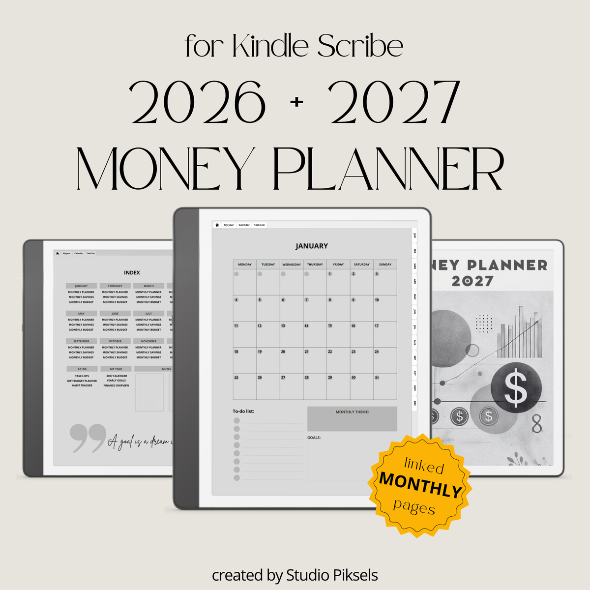 2026 + 2027 digital budget planner for Kindle Scribe with monthly budgets, expense tracking, savings trackers, and financial goal pages.