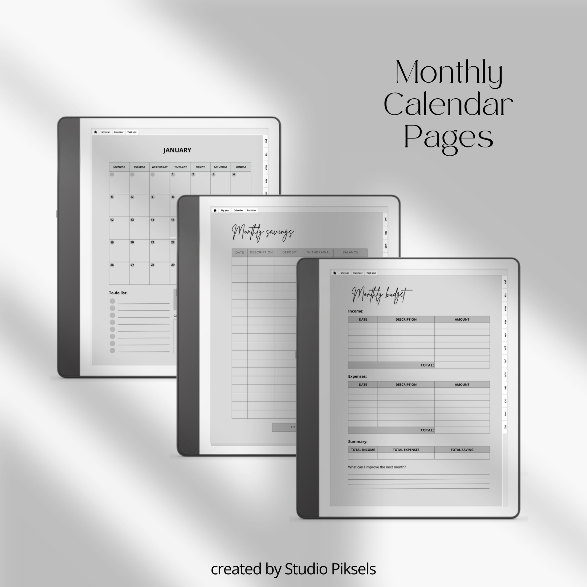 2026 + 2027 digital budget planner for Kindle Scribe with monthly budgets, expense tracking, savings trackers, and financial goal pages.