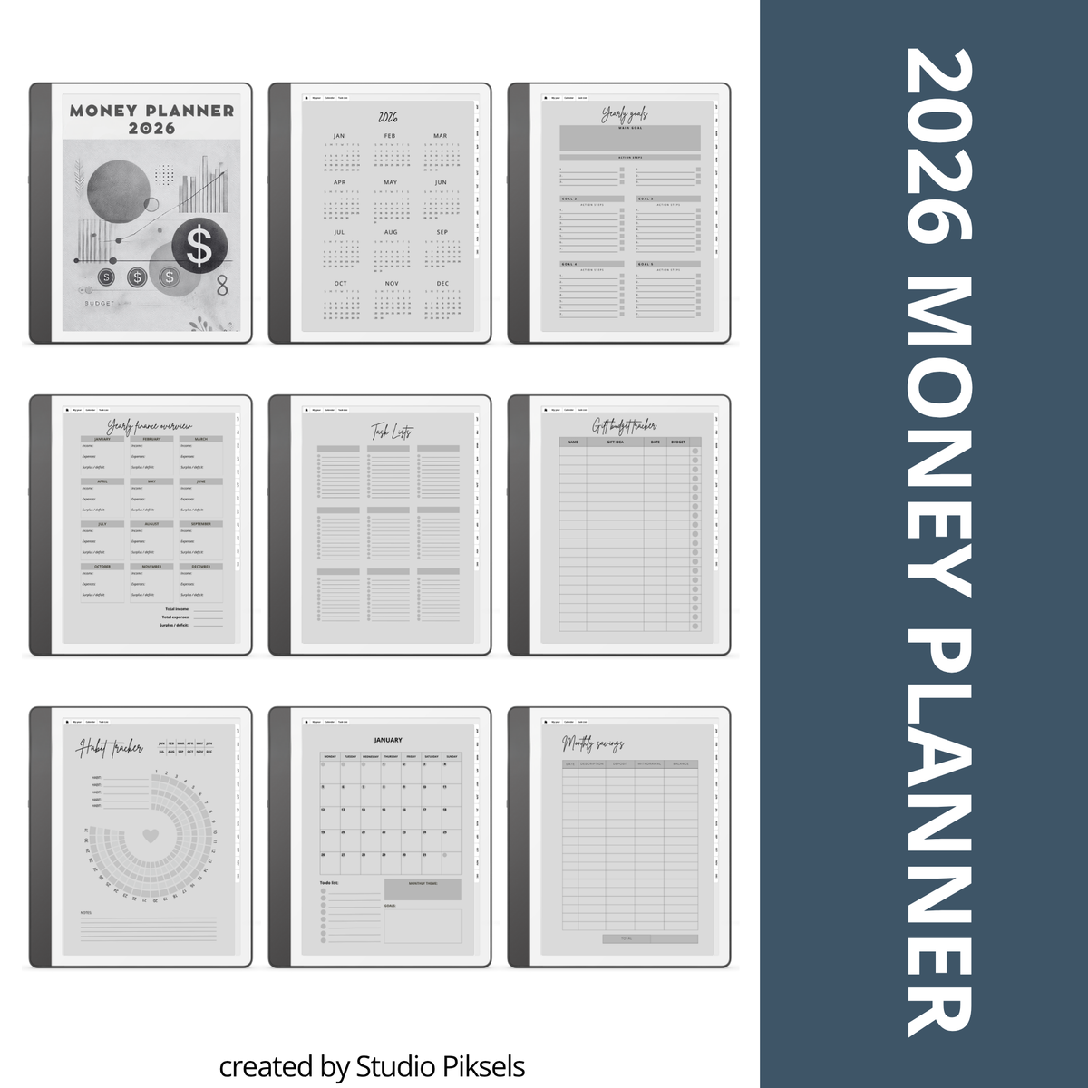 2026 + 2027 digital budget planner for Kindle Scribe with monthly budgets, expense tracking, savings trackers, and financial goal pages.