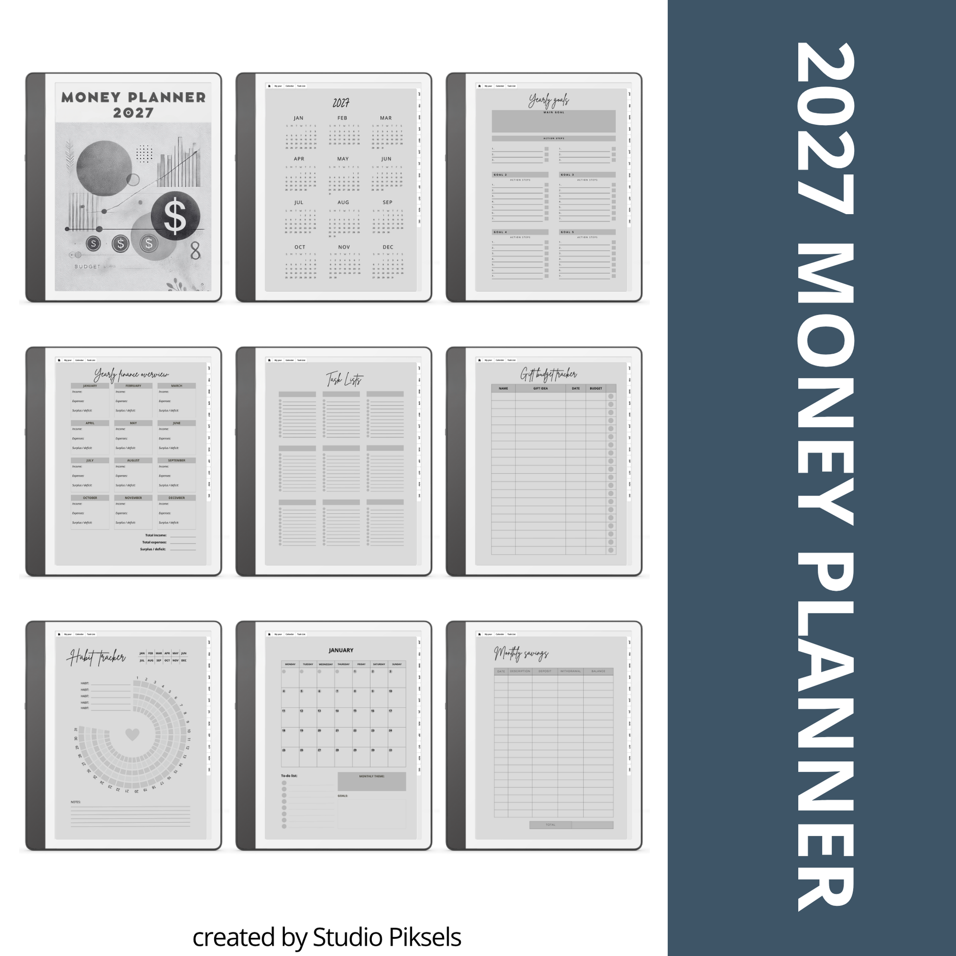 2026 + 2027 digital budget planner for Kindle Scribe with monthly budgets, expense tracking, savings trackers, and financial goal pages.