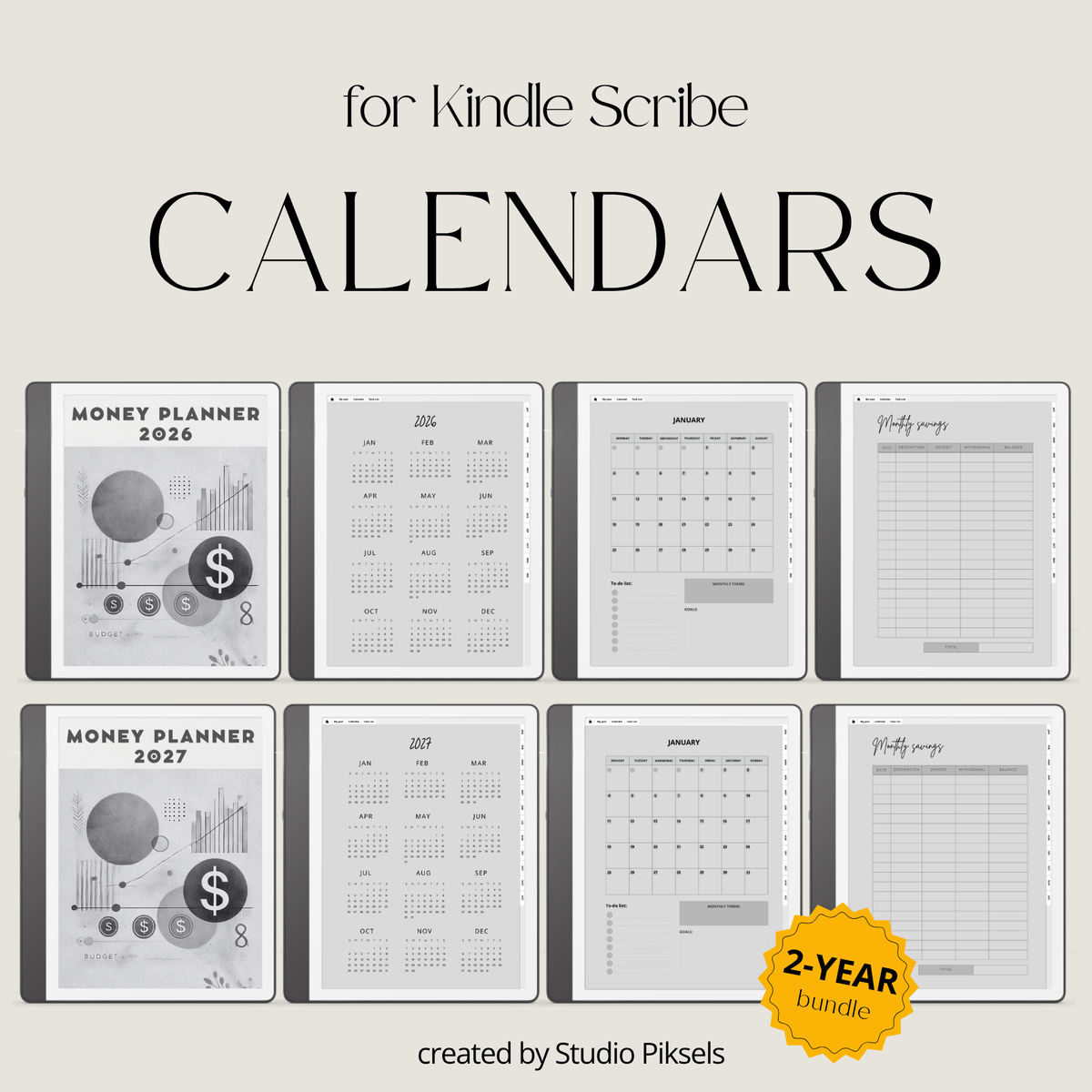 2026 + 2027 digital budget planner for Kindle Scribe with monthly budgets, expense tracking, savings trackers, and financial goal pages.