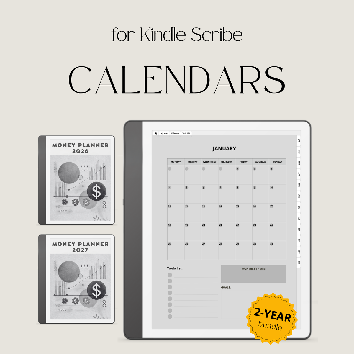 2026 + 2027 digital budget planner for Kindle Scribe with monthly budgets, expense tracking, savings trackers, and financial goal pages.