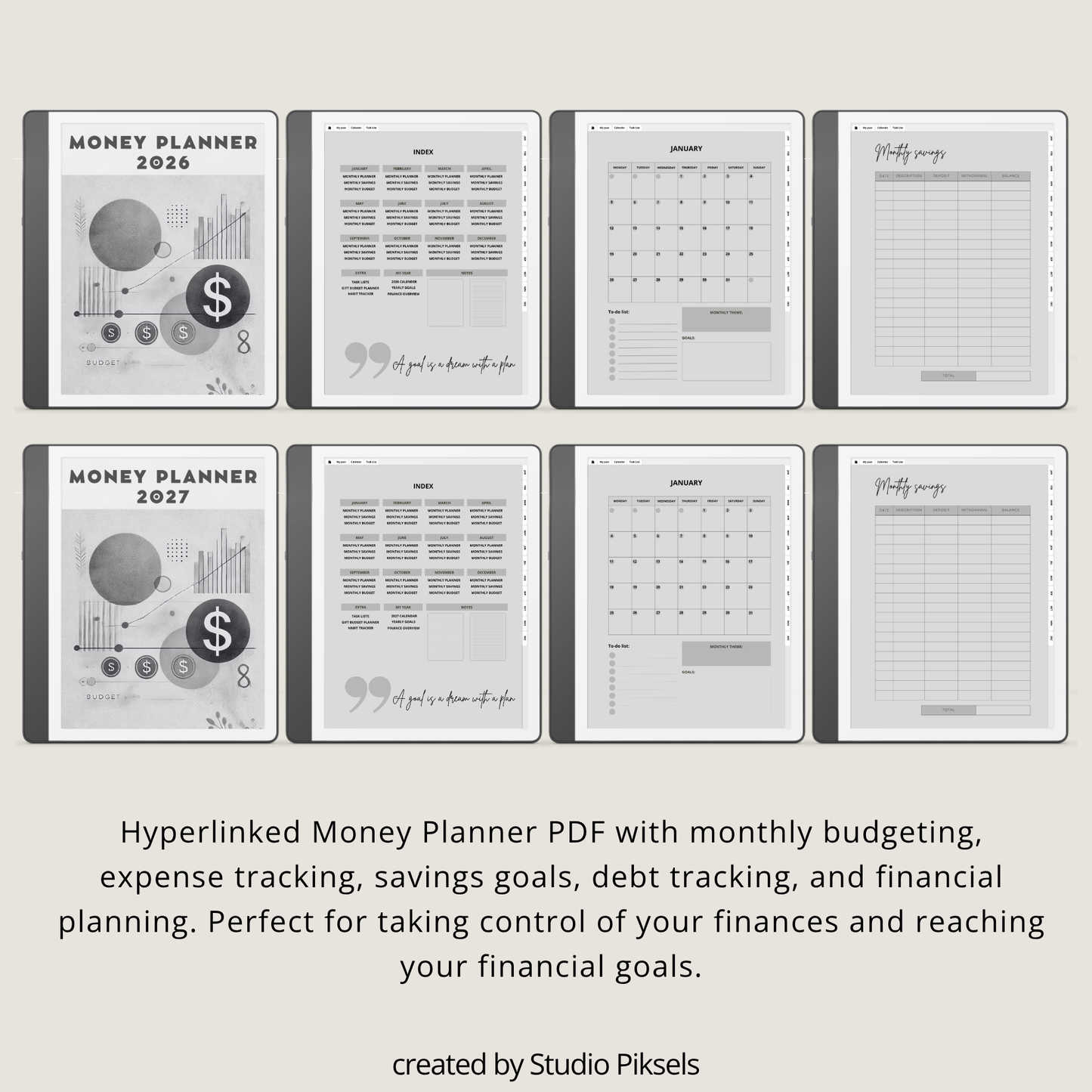 2026 + 2027 digital budget planner for Kindle Scribe with monthly budgets, expense tracking, savings trackers, and financial goal pages.