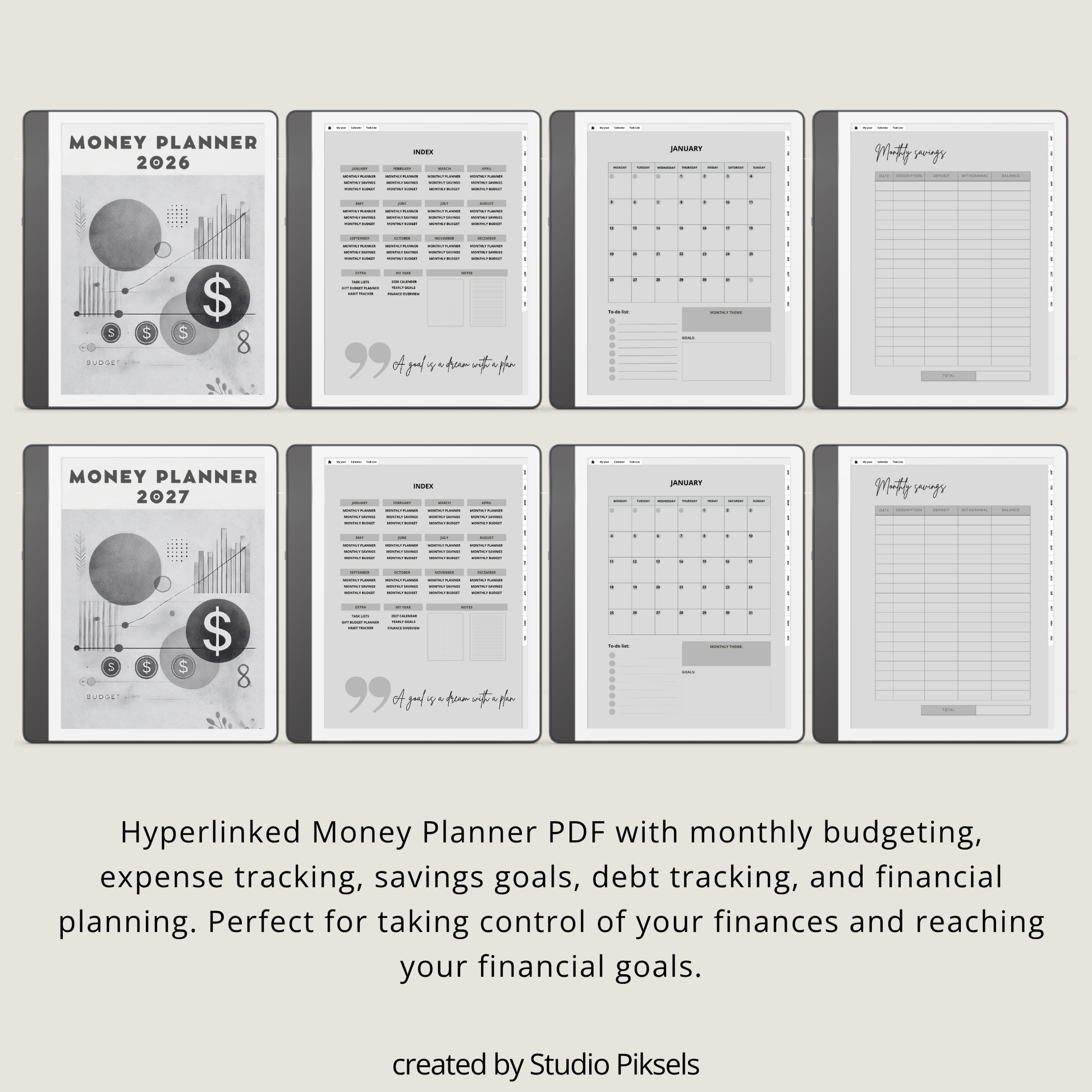 2026 + 2027 digital budget planner for Kindle Scribe with monthly budgets, expense tracking, savings trackers, and financial goal pages.