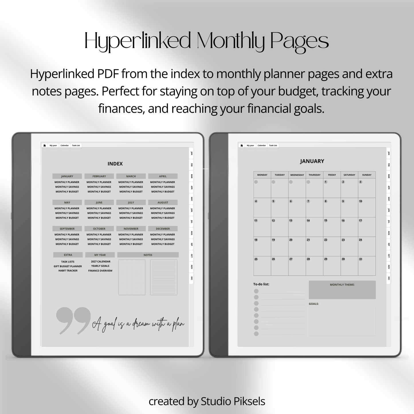 2026 + 2027 digital budget planner for Kindle Scribe with monthly budgets, expense tracking, savings trackers, and financial goal pages.