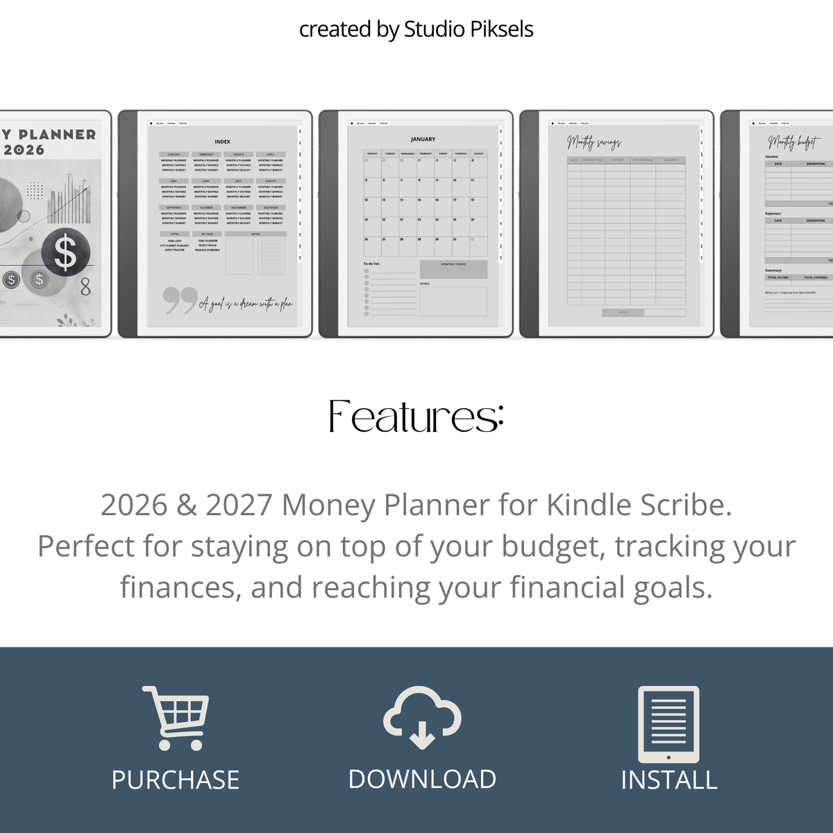 2026 + 2027 digital budget planner for Kindle Scribe with monthly budgets, expense tracking, savings trackers, and financial goal pages.