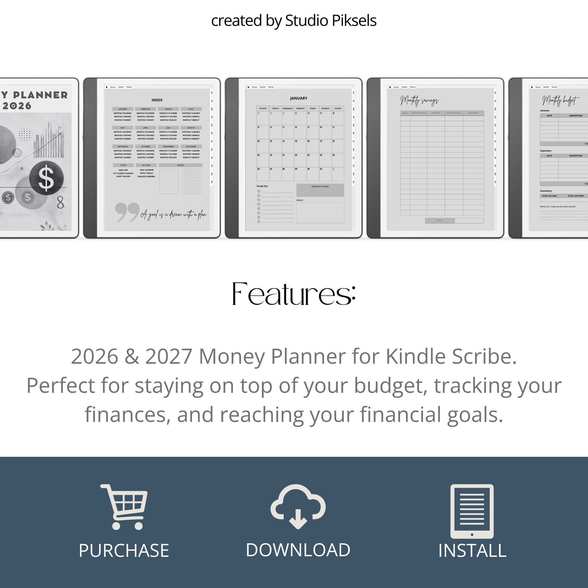 2026 + 2027 digital budget planner for Kindle Scribe with monthly budgets, expense tracking, savings trackers, and financial goal pages.