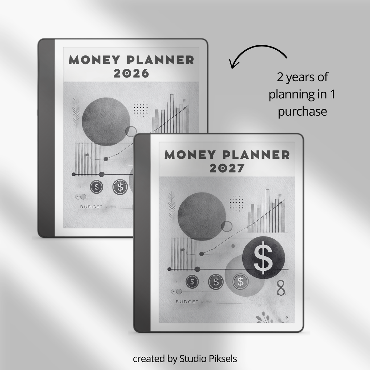 2026 + 2027 digital budget planner for Kindle Scribe with monthly budgets, expense tracking, savings trackers, and financial goal pages.