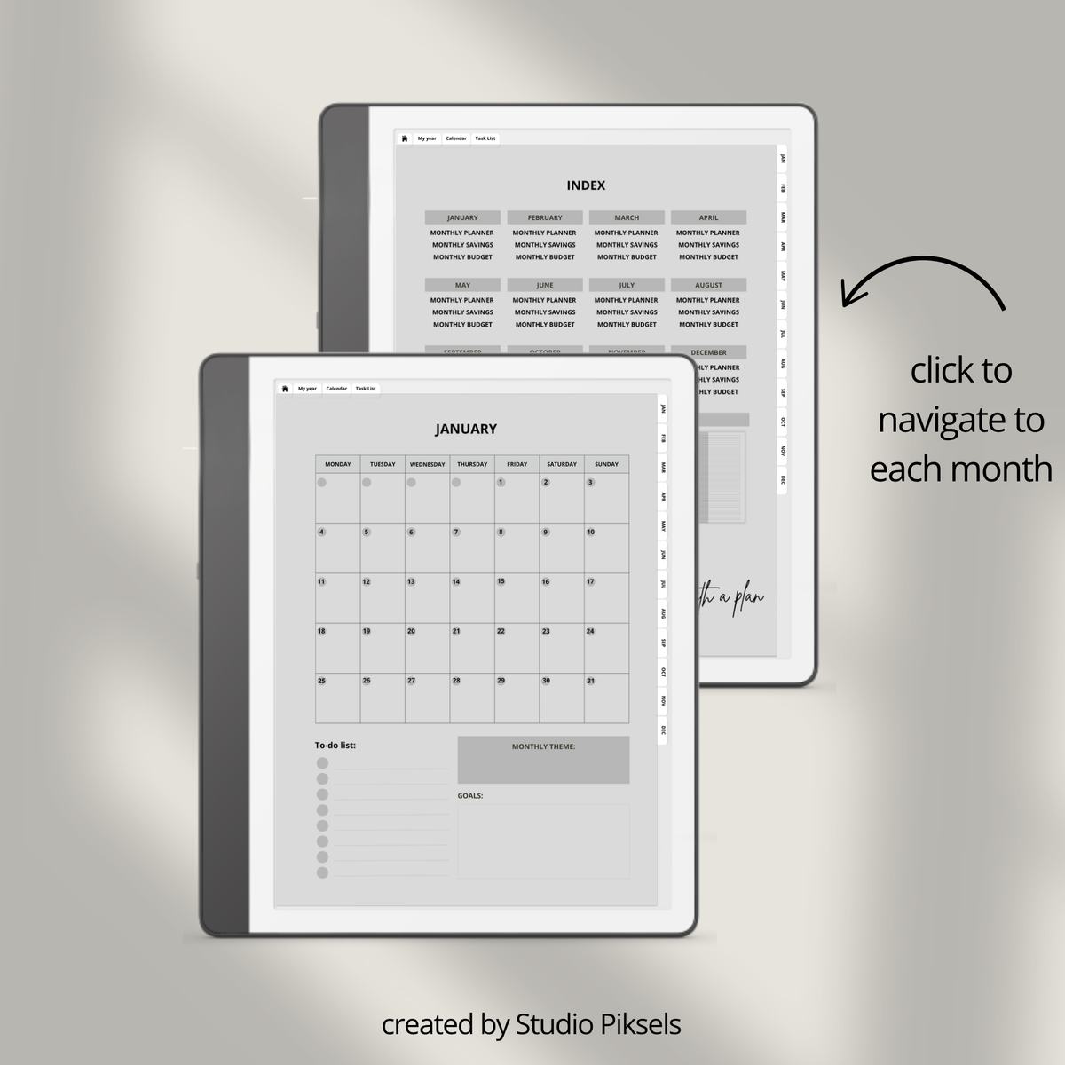 2026 + 2027 digital budget planner for Kindle Scribe with monthly budgets, expense tracking, savings trackers, and financial goal pages.