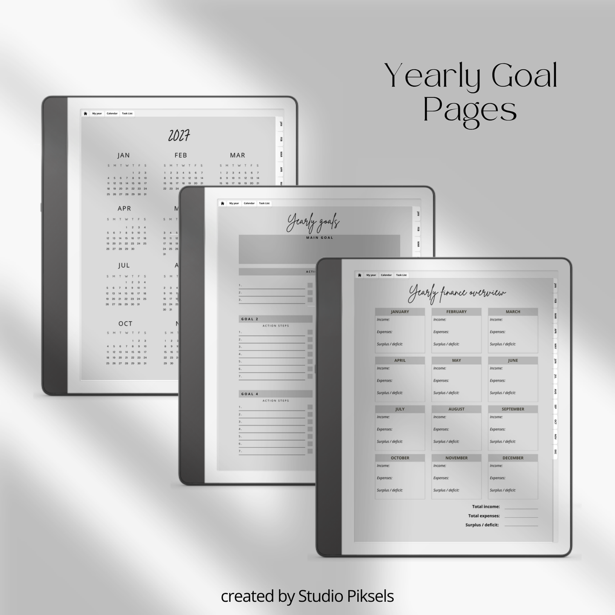 2026 + 2027 digital budget planner for Kindle Scribe with monthly budgets, expense tracking, savings trackers, and financial goal pages.
