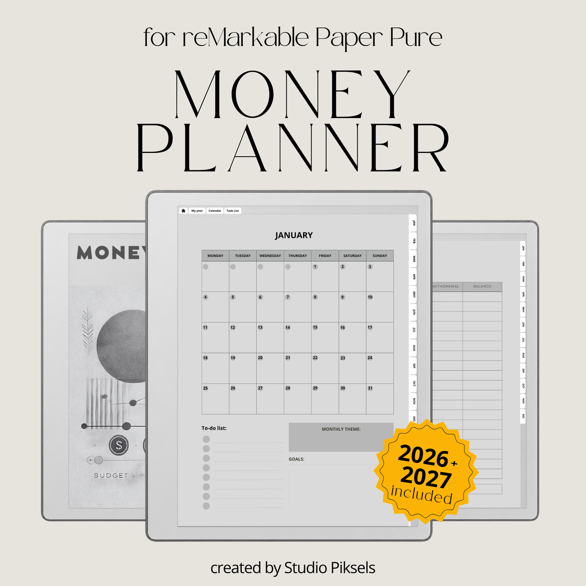2026 + 2027 digital budget planner for reMarkable 2 and Paper Pure with monthly budgets, expense trackers, savings goals, and financial planning pages.