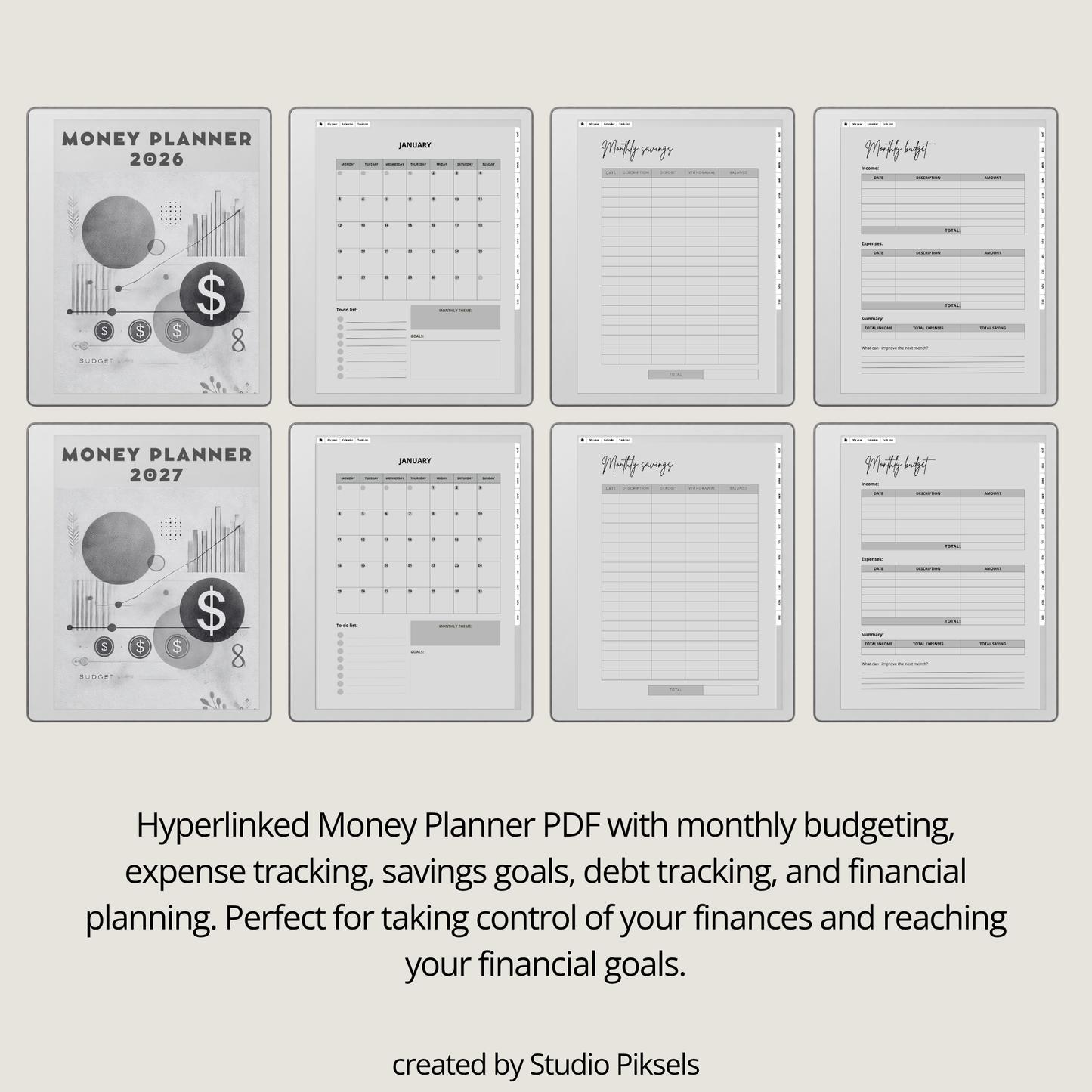 2026 + 2027 digital budget planner for reMarkable 2 and Paper Pure with monthly budgets, expense trackers, savings goals, and financial planning pages.