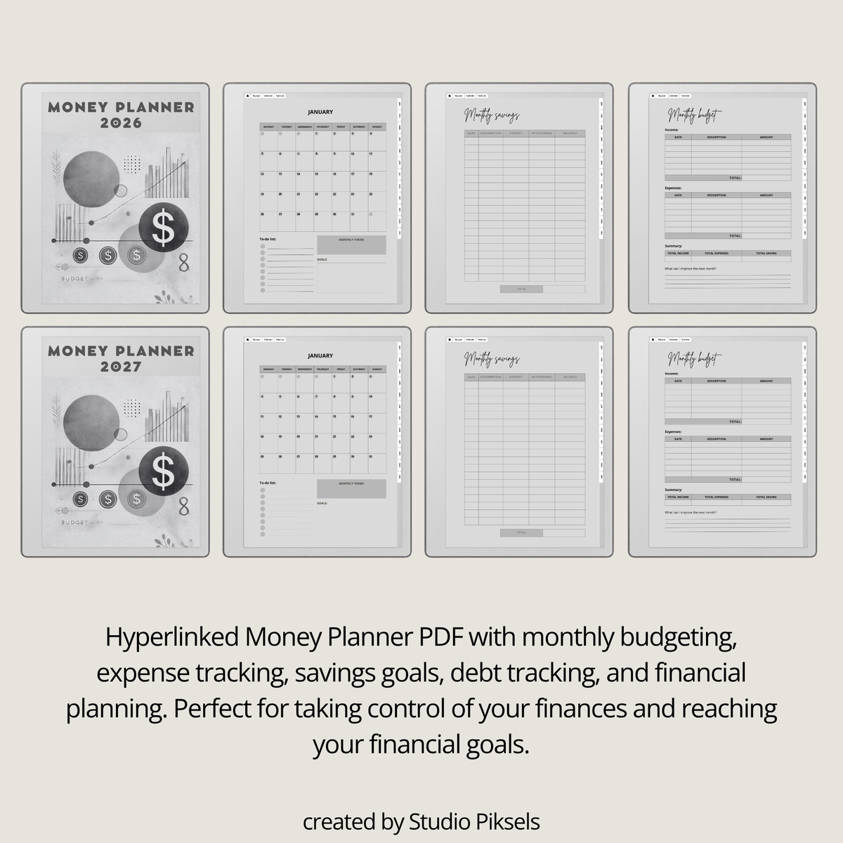 2026 + 2027 digital budget planner for reMarkable 2 and Paper Pure with monthly budgets, expense trackers, savings goals, and financial planning pages.