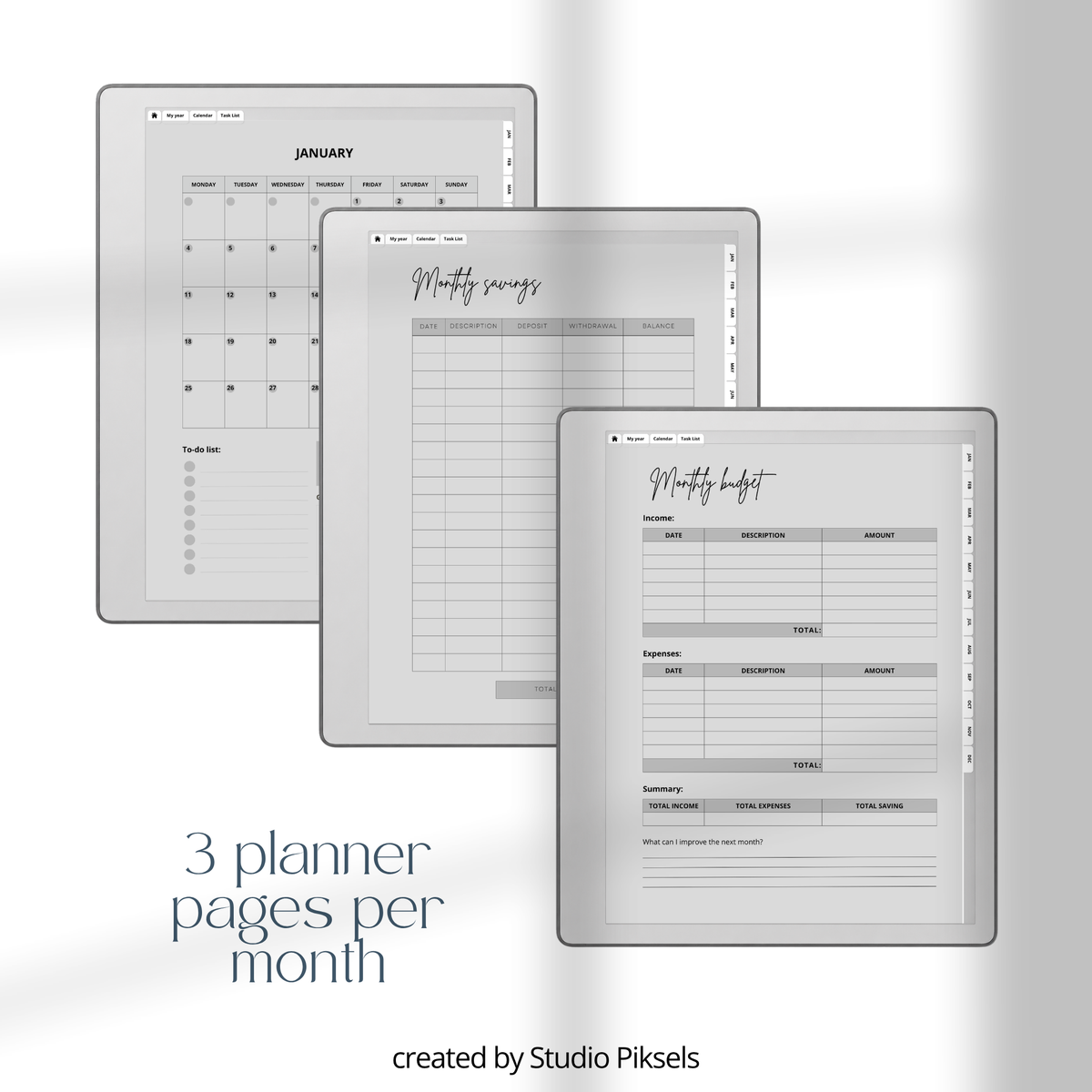 2026 + 2027 digital budget planner for reMarkable 2 and Paper Pure with monthly budgets, expense trackers, savings goals, and financial planning pages.