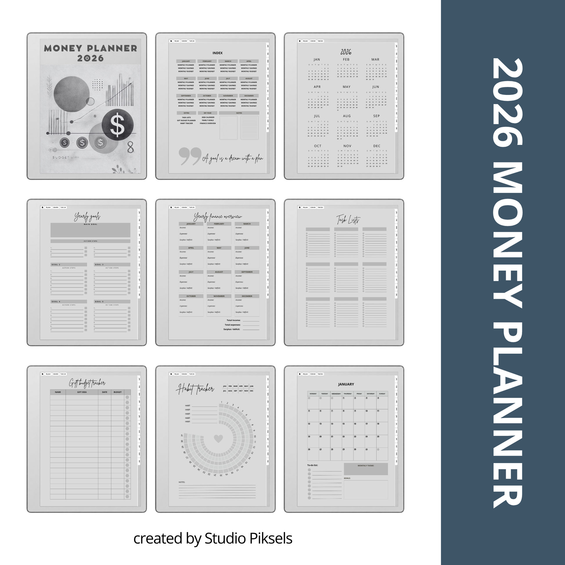 2026 + 2027 digital budget planner for reMarkable 2 and Paper Pure with monthly budgets, expense trackers, savings goals, and financial planning pages.