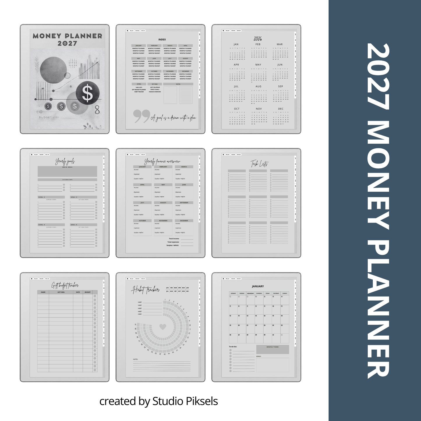 2026 + 2027 digital budget planner for reMarkable 2 and Paper Pure with monthly budgets, expense trackers, savings goals, and financial planning pages.
