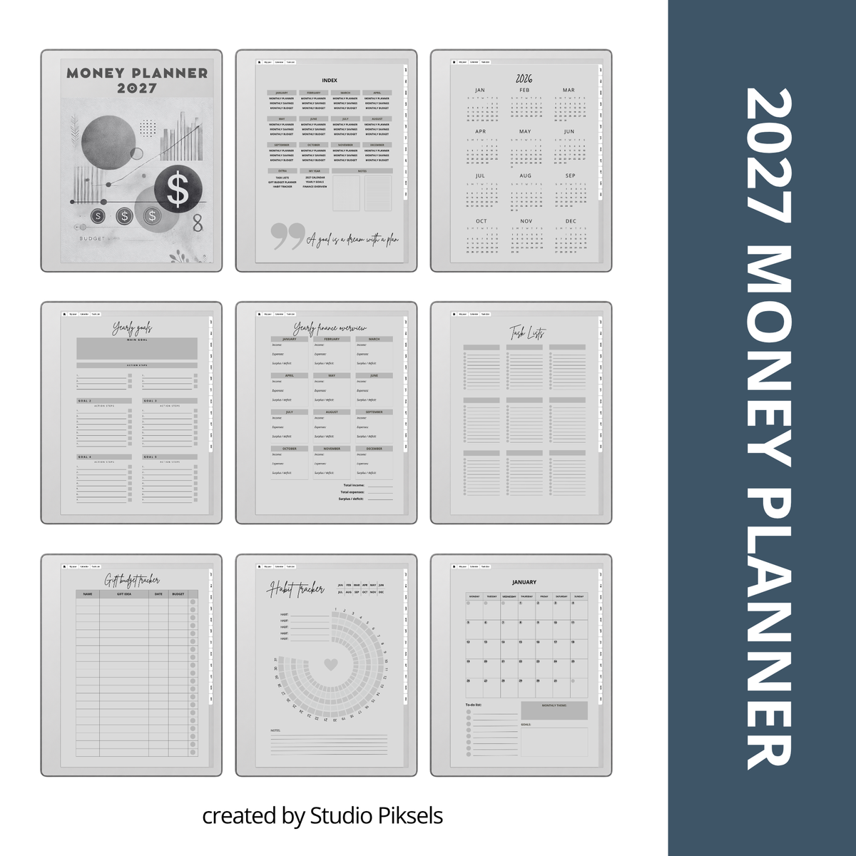 2026 + 2027 digital budget planner for reMarkable 2 and Paper Pure with monthly budgets, expense trackers, savings goals, and financial planning pages.