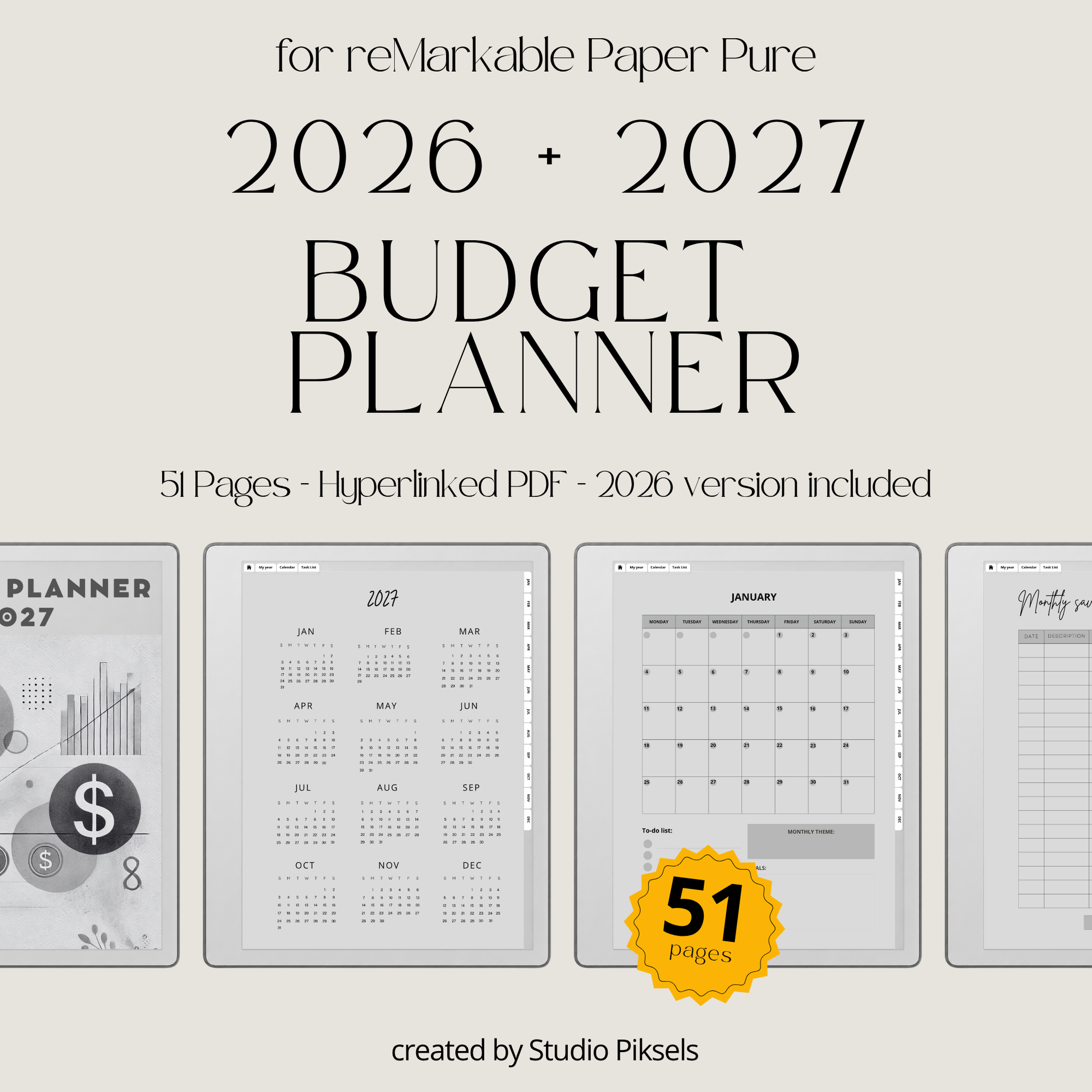 2026 + 2027 digital budget planner for reMarkable 2 and Paper Pure with monthly budgets, expense trackers, savings goals, and financial planning pages.
