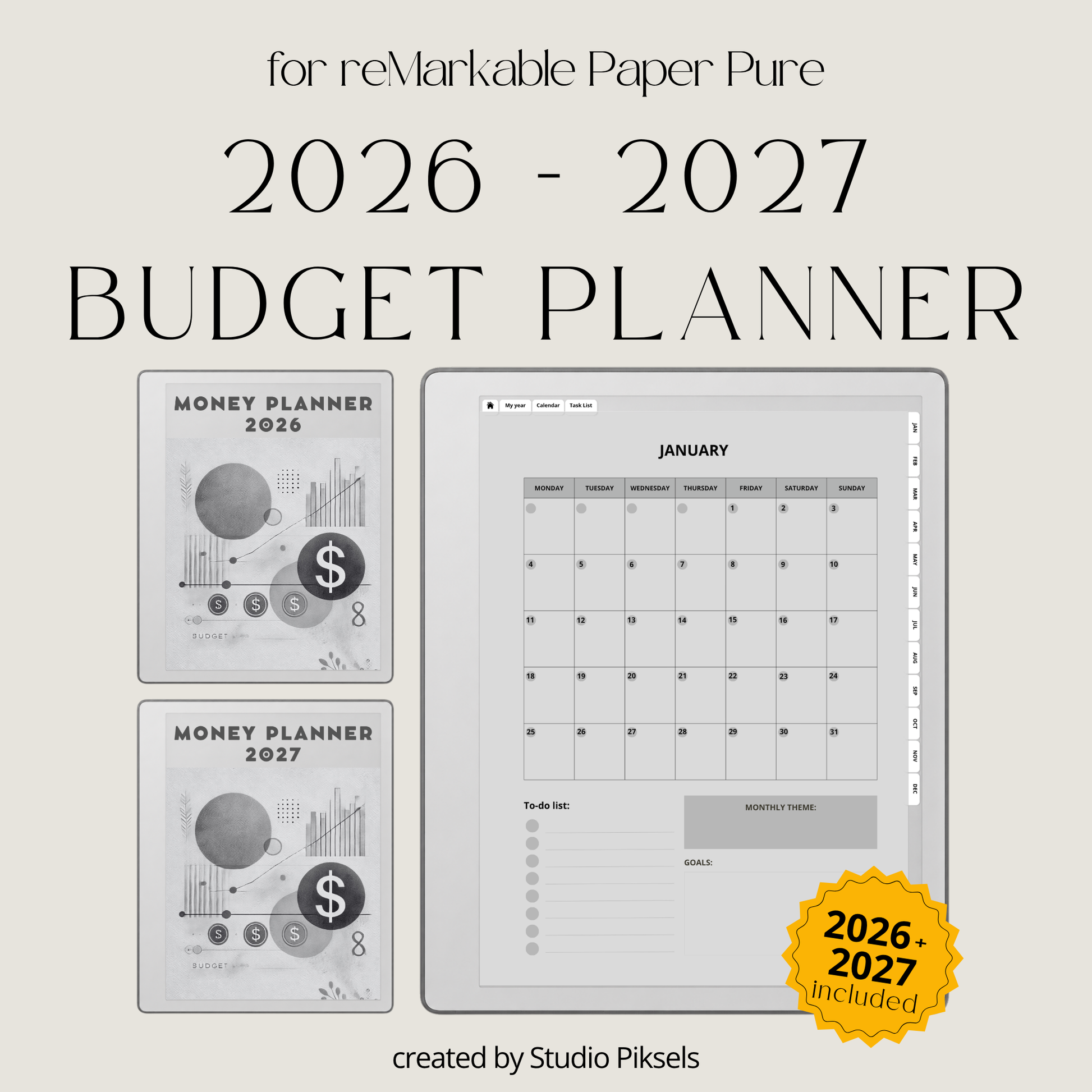 2026 + 2027 digital budget planner for reMarkable 2 and Paper Pure with monthly budgets, expense trackers, savings goals, and financial planning pages.