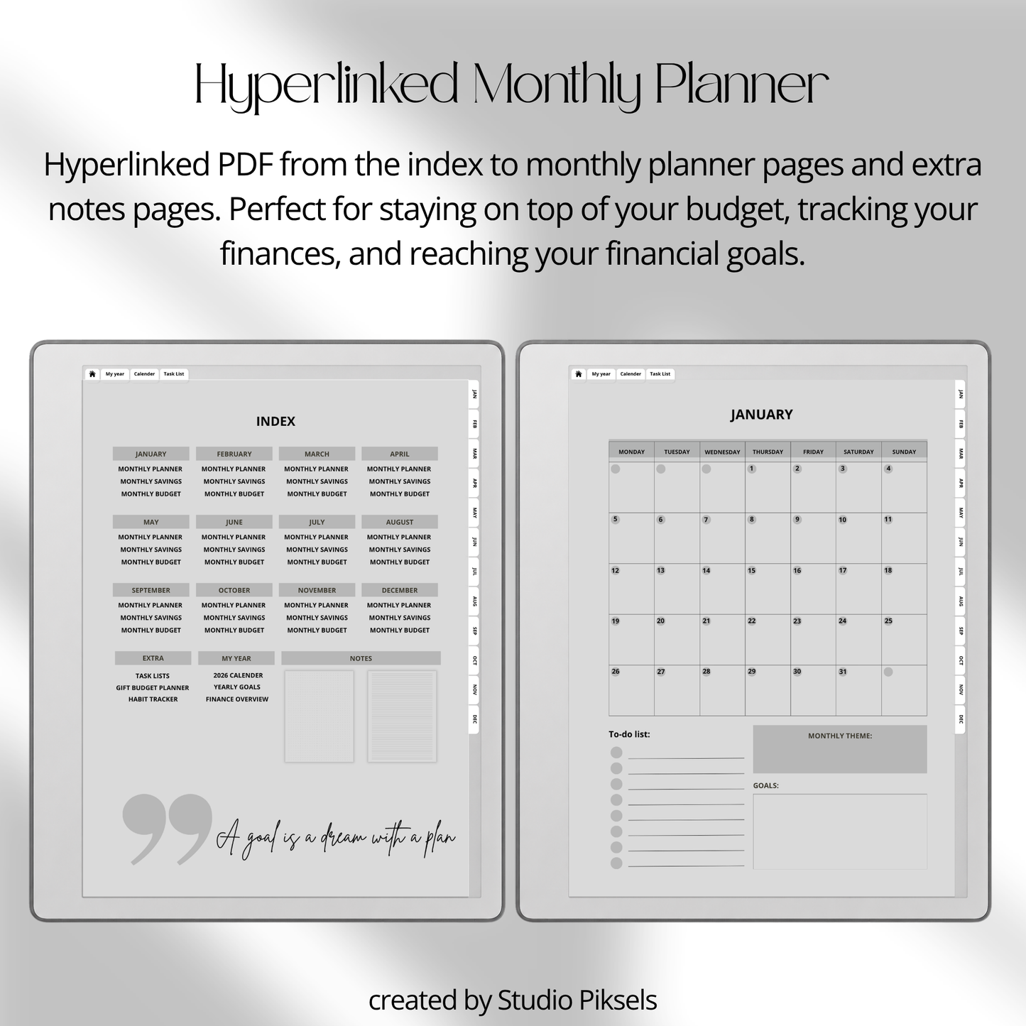 2026 + 2027 digital budget planner for reMarkable 2 and Paper Pure with monthly budgets, expense trackers, savings goals, and financial planning pages.