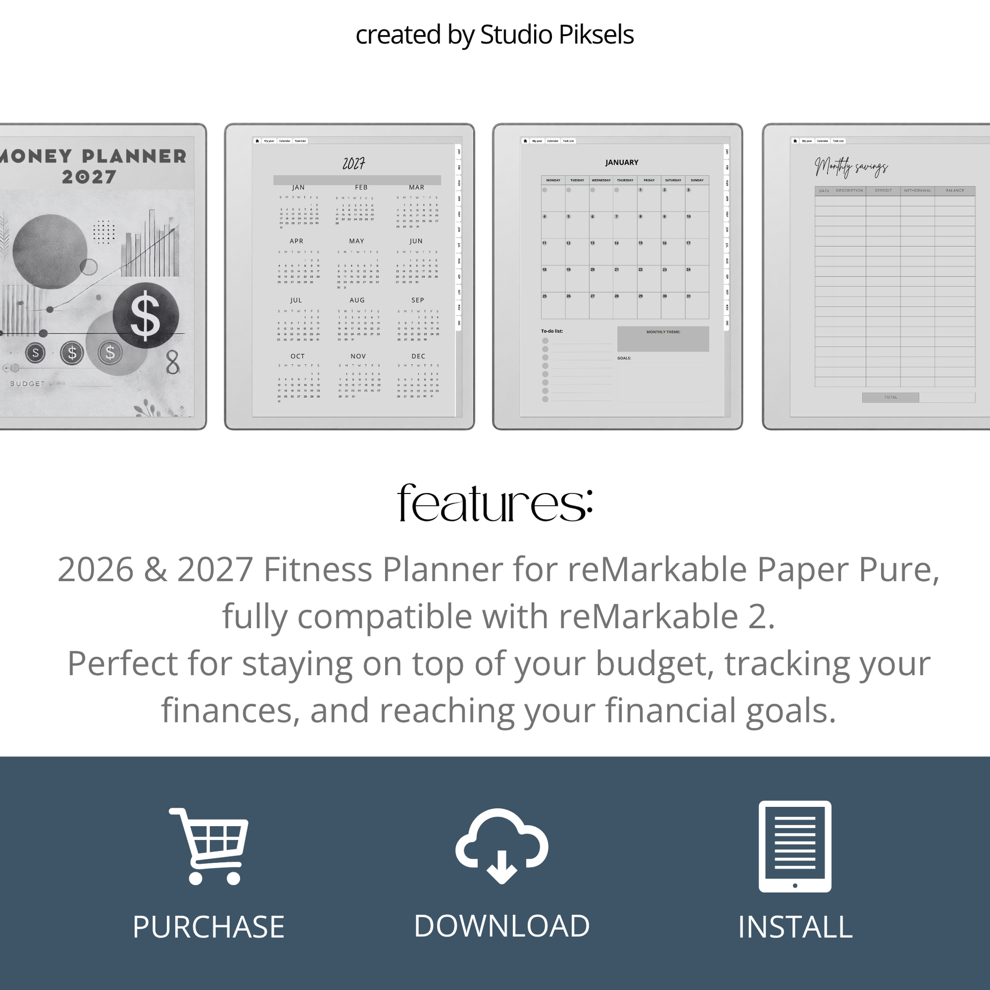 2026 + 2027 digital budget planner for reMarkable 2 and Paper Pure with monthly budgets, expense trackers, savings goals, and financial planning pages.