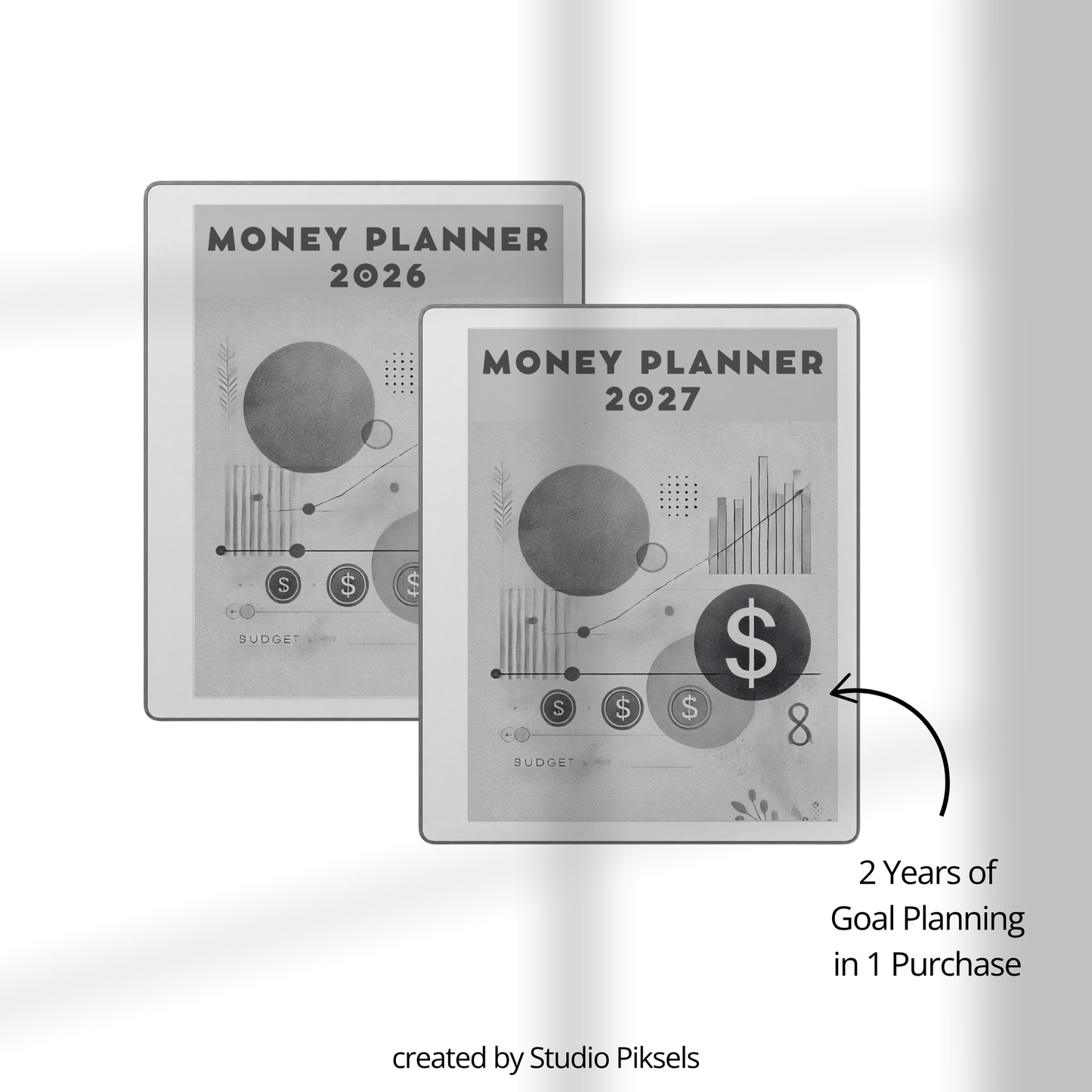 2026 + 2027 digital budget planner for reMarkable 2 and Paper Pure with monthly budgets, expense trackers, savings goals, and financial planning pages.