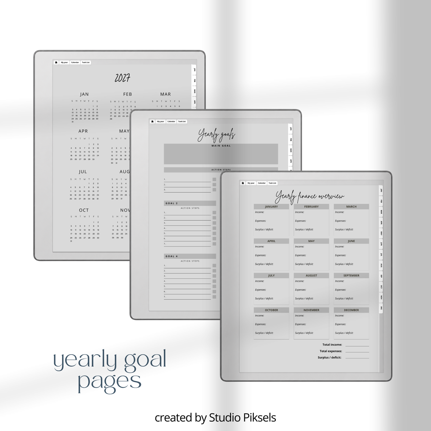 2026 + 2027 digital budget planner for reMarkable 2 and Paper Pure with monthly budgets, expense trackers, savings goals, and financial planning pages.