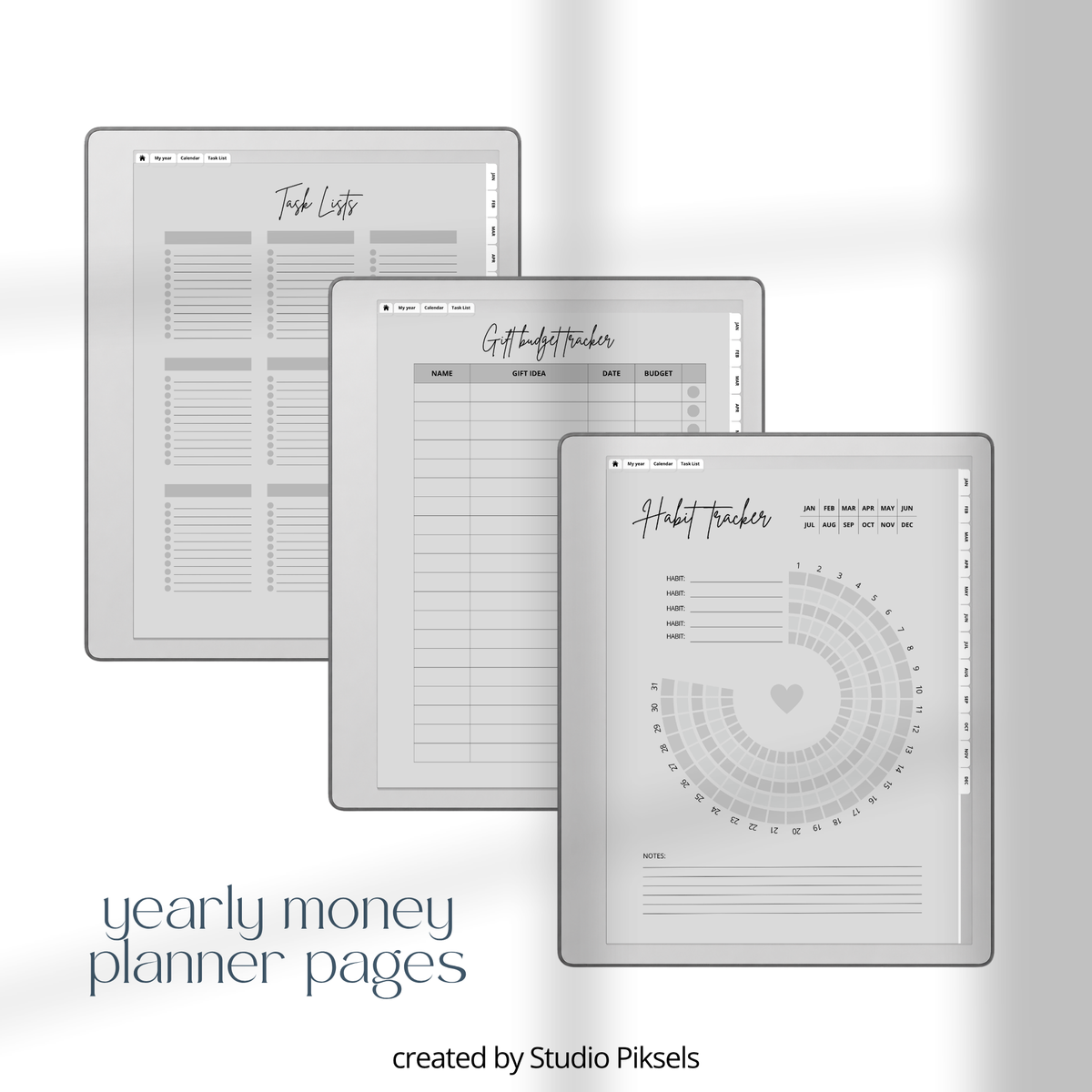 2026 + 2027 digital budget planner for reMarkable 2 and Paper Pure with monthly budgets, expense trackers, savings goals, and financial planning pages.