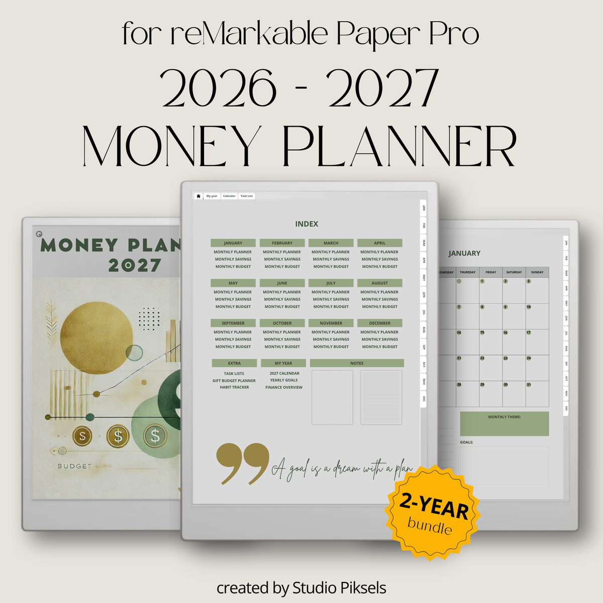 2026 + 2027 digital budget planner for reMarkable Paper Pro with budget, expense, savings, and financial goal trackers.