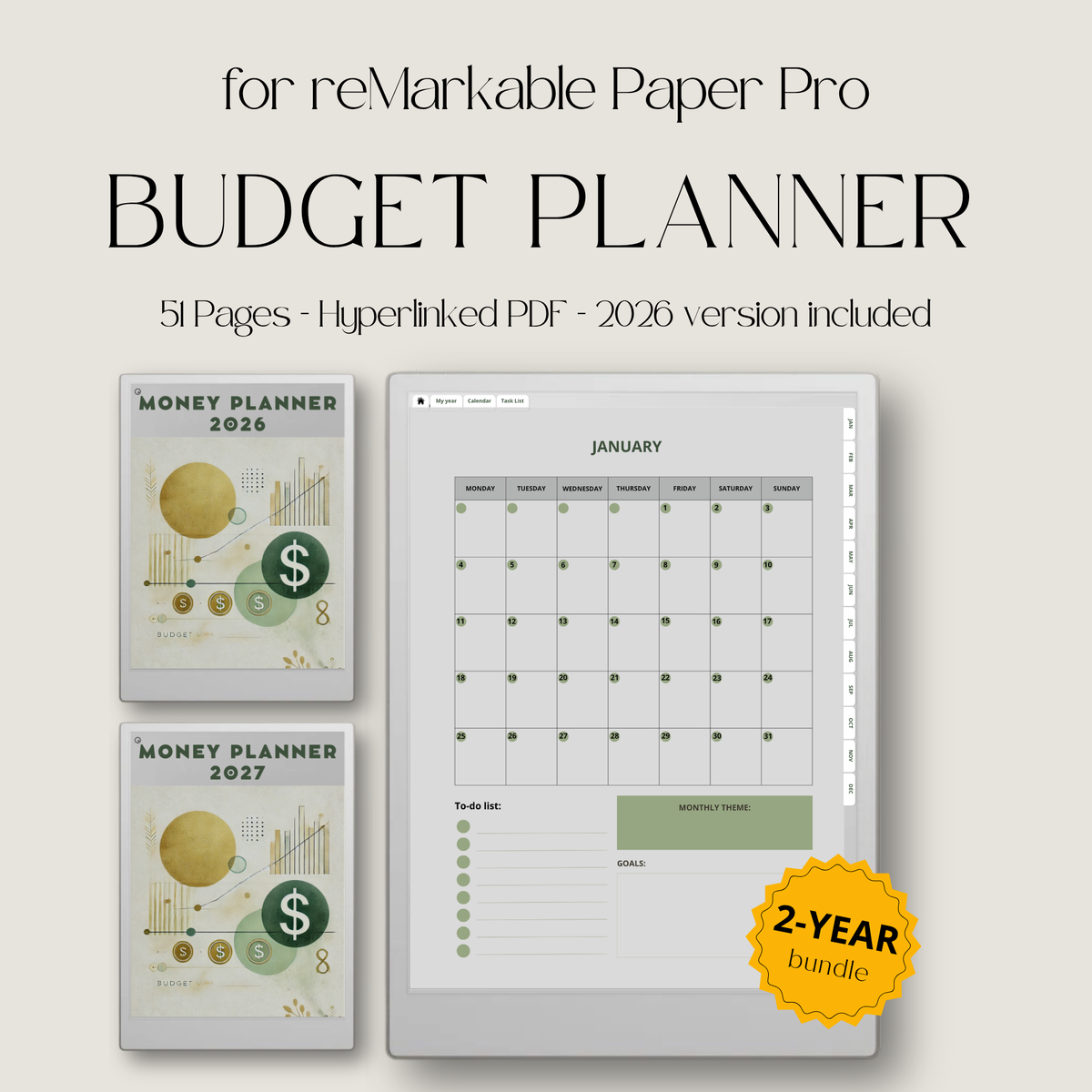 2026 + 2027 digital budget planner for reMarkable Paper Pro with budget, expense, savings, and financial goal trackers.