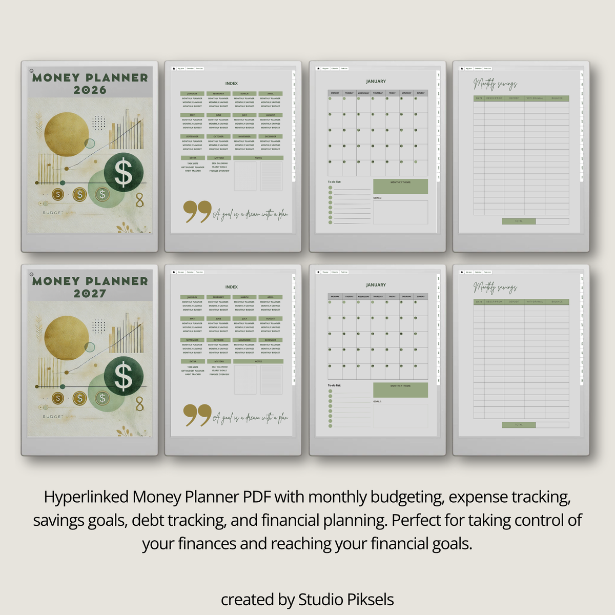 2026 + 2027 digital budget planner for reMarkable Paper Pro with budget, expense, savings, and financial goal trackers.
