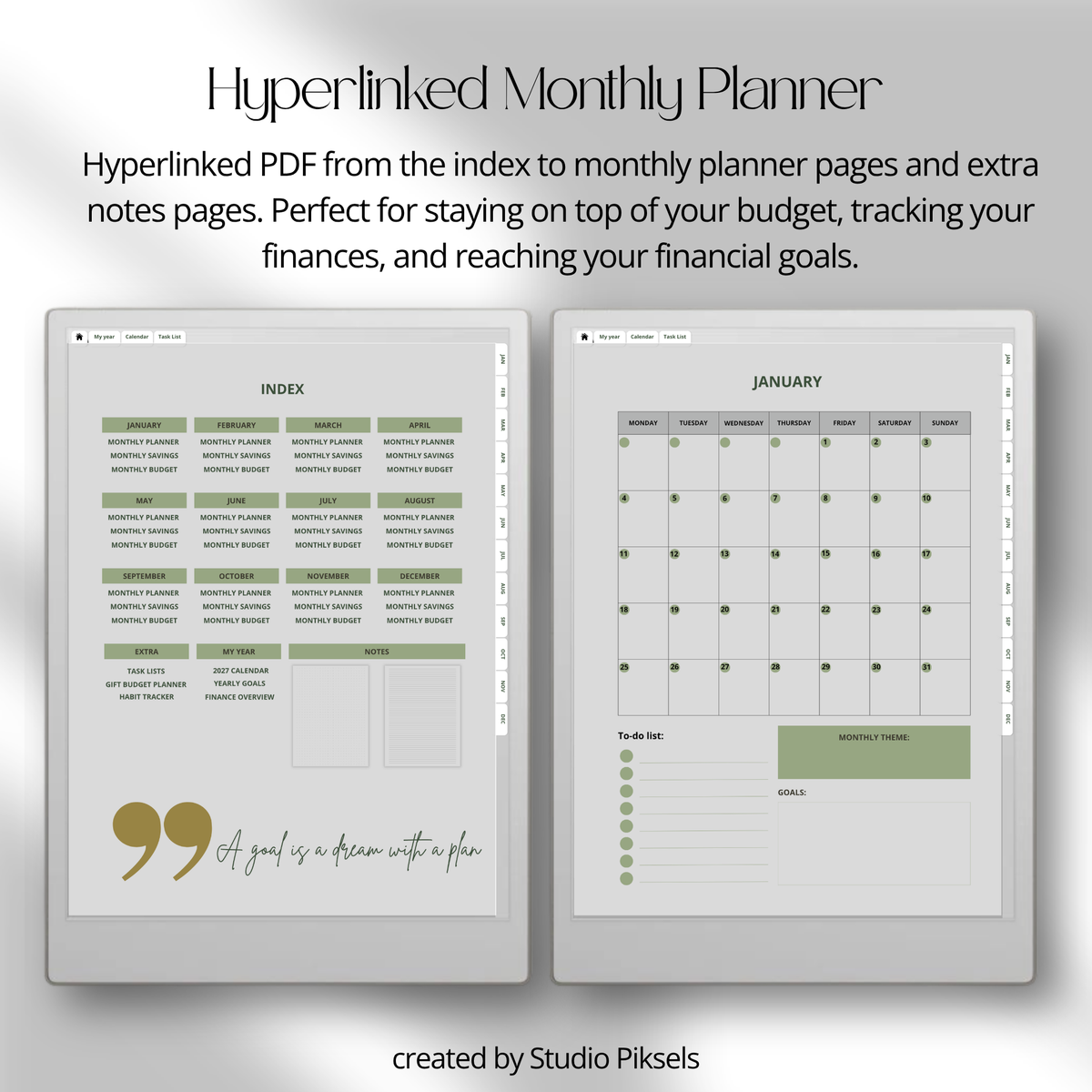 2026 + 2027 digital budget planner for reMarkable Paper Pro with budget, expense, savings, and financial goal trackers.