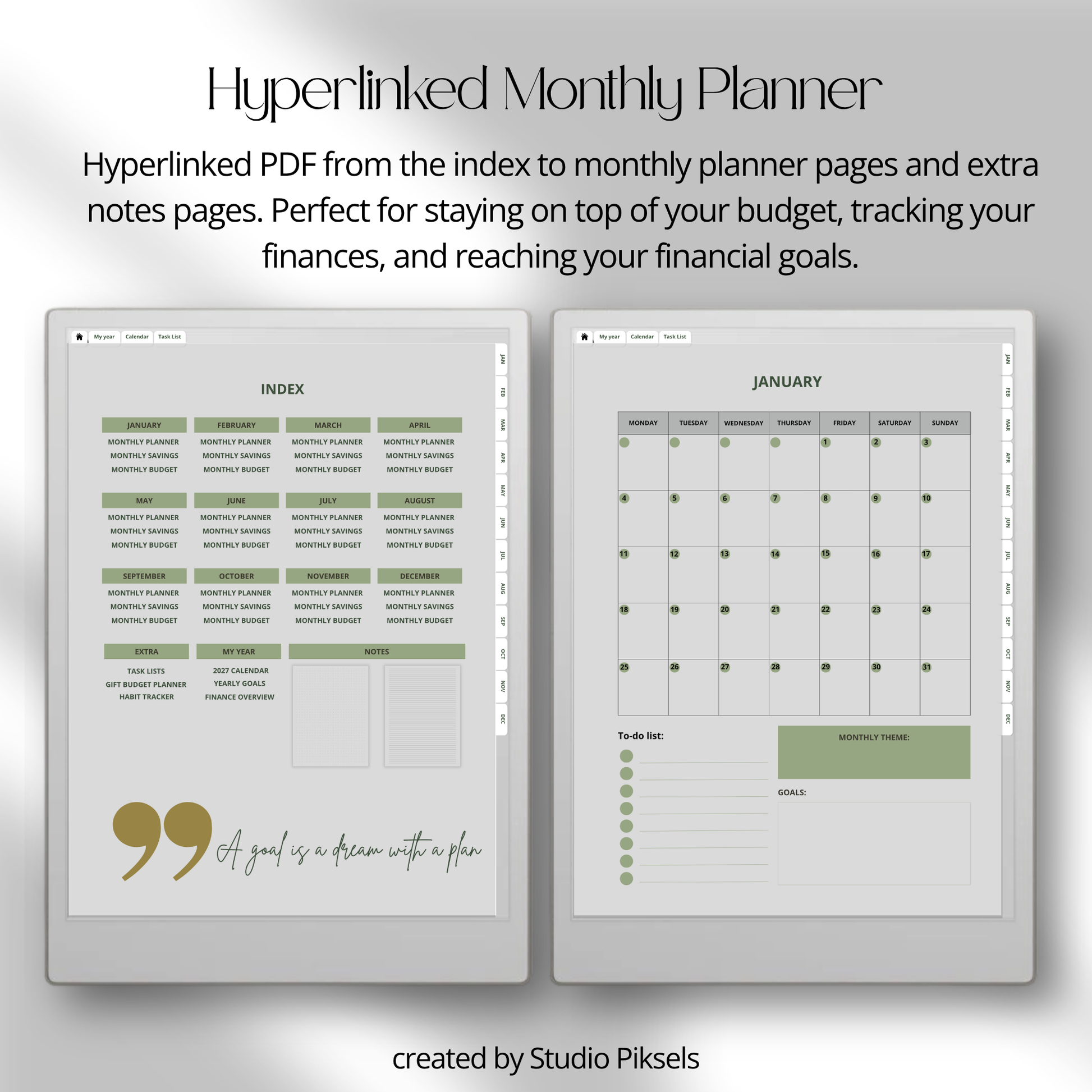 2026 + 2027 digital budget planner for reMarkable Paper Pro with budget, expense, savings, and financial goal trackers.