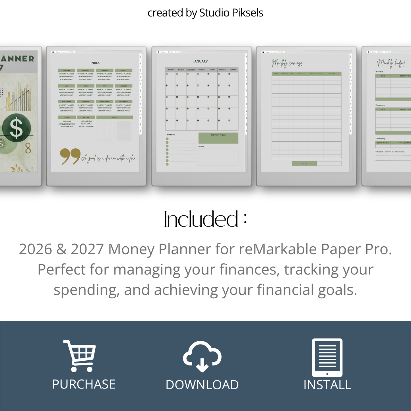 2026 + 2027 digital budget planner for reMarkable Paper Pro with budget, expense, savings, and financial goal trackers.