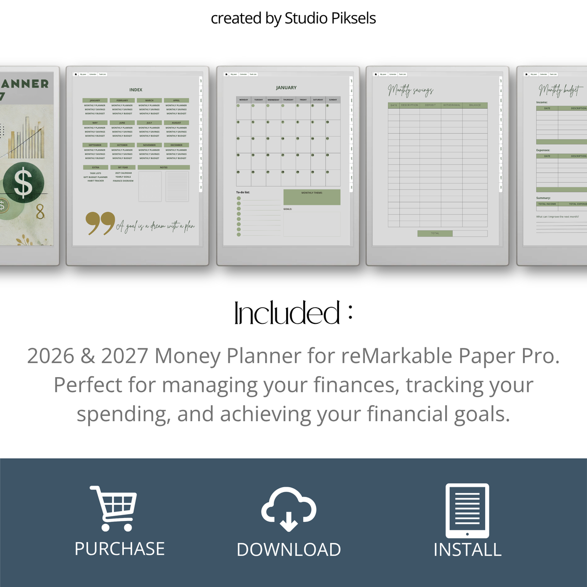 2026 + 2027 digital budget planner for reMarkable Paper Pro with budget, expense, savings, and financial goal trackers.