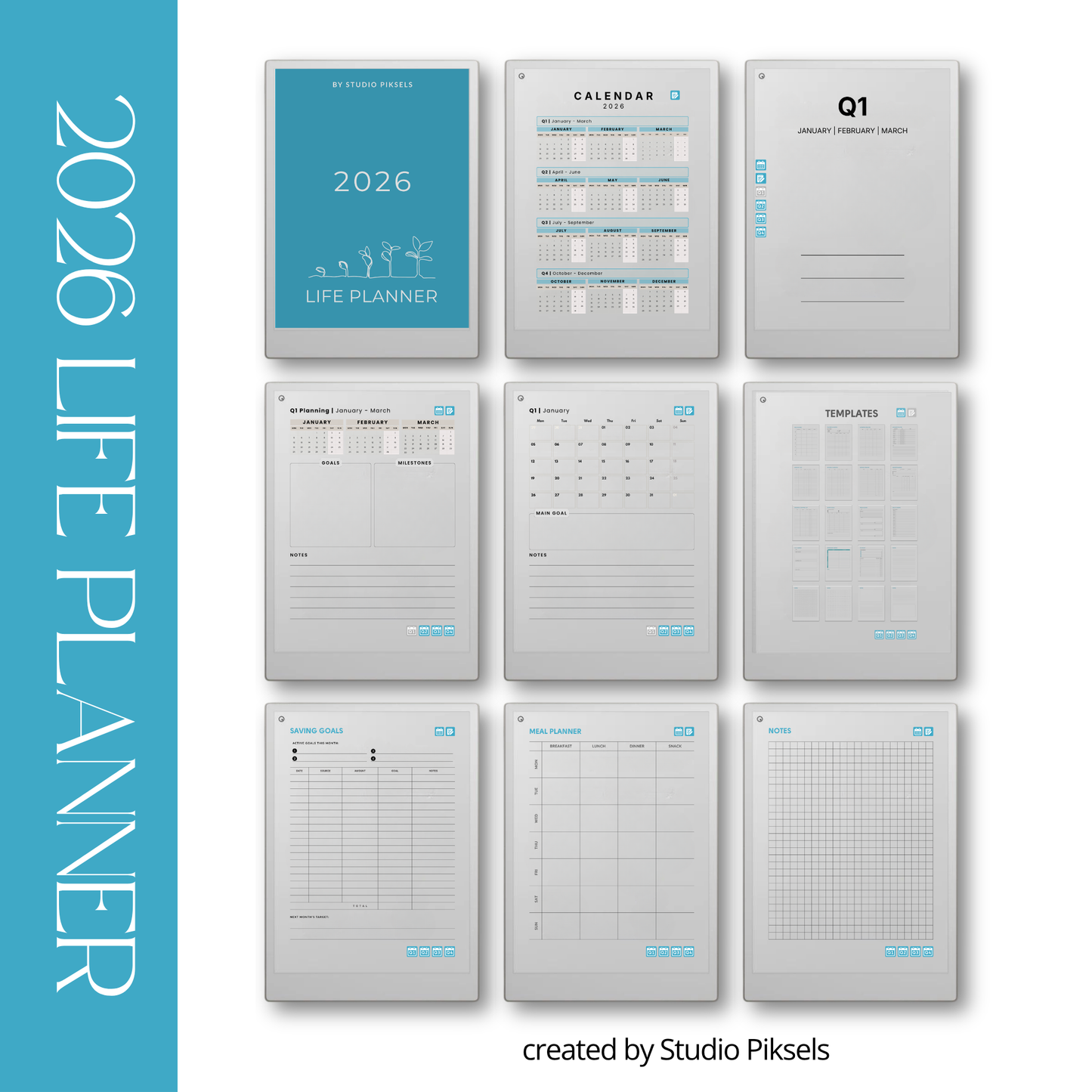 Life Planner Bundle 2026 and 2027 PDF for reMarkable Paper Pro with hyperlinked calendar and customizable templates.