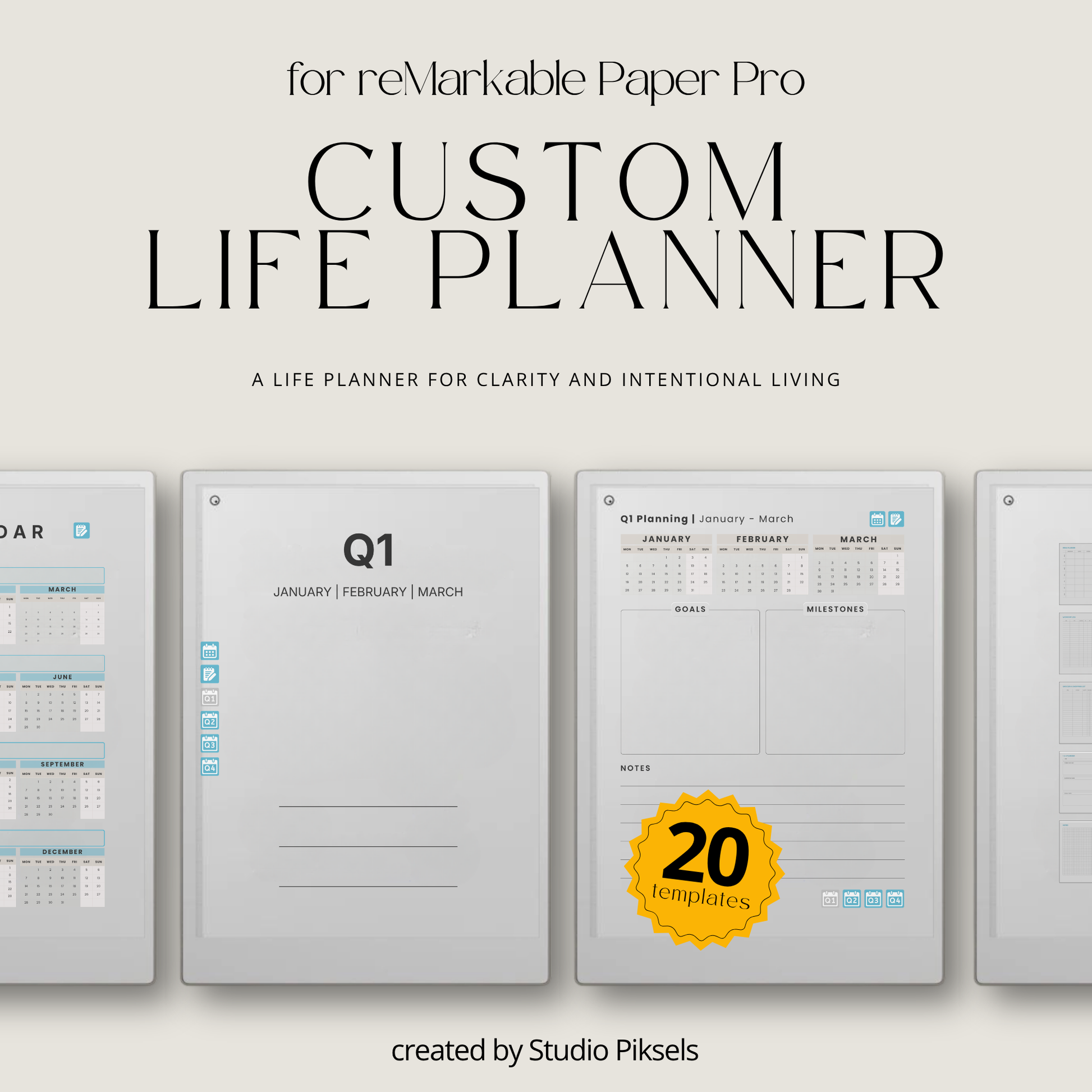 Life Planner Bundle 2026 and 2027 PDF for reMarkable Paper Pro Move with hyperlinked calendar and customizable templates.