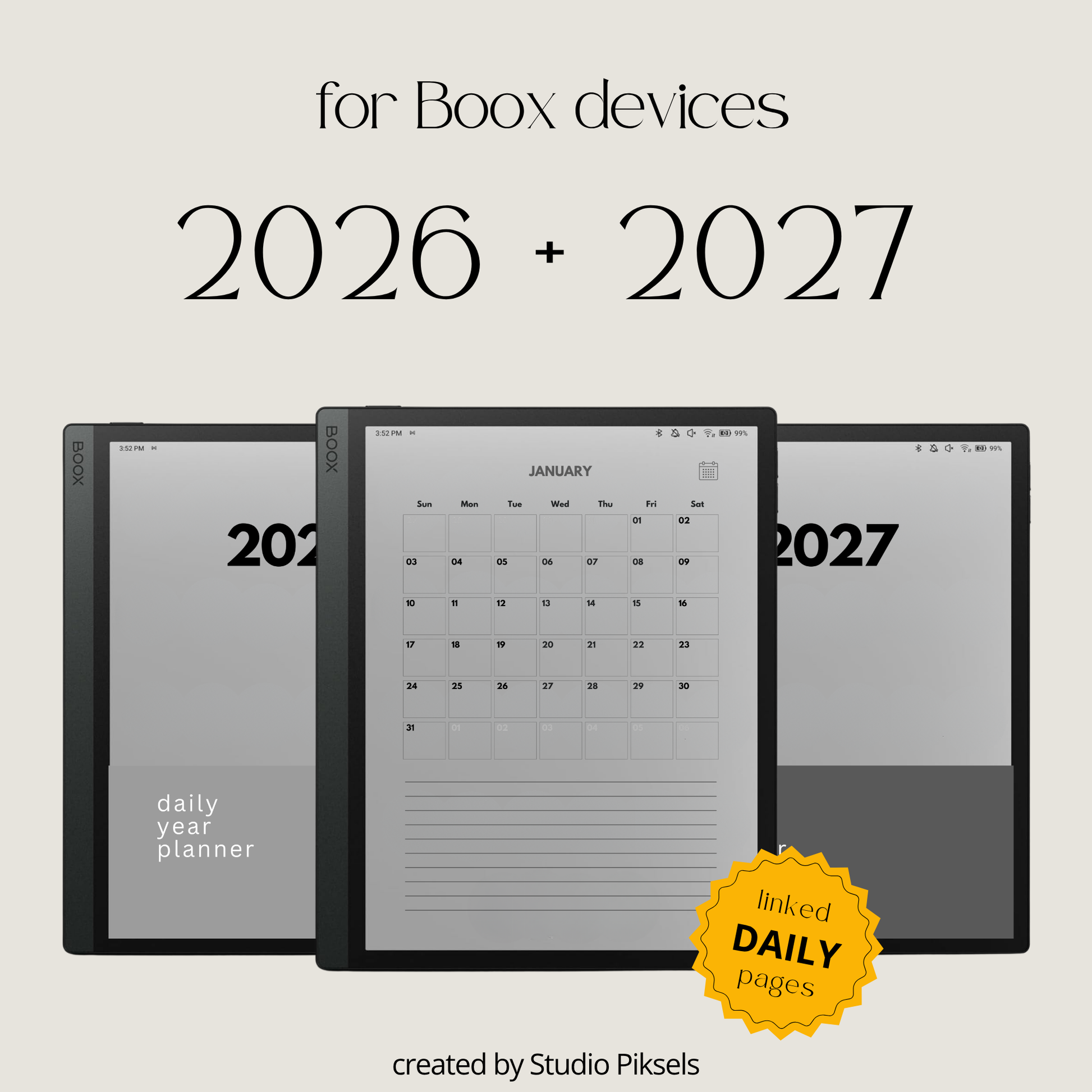 2026 and 2027 hyperlinked digital planners for BOOX devices with daily schedules and monthly calendar layouts