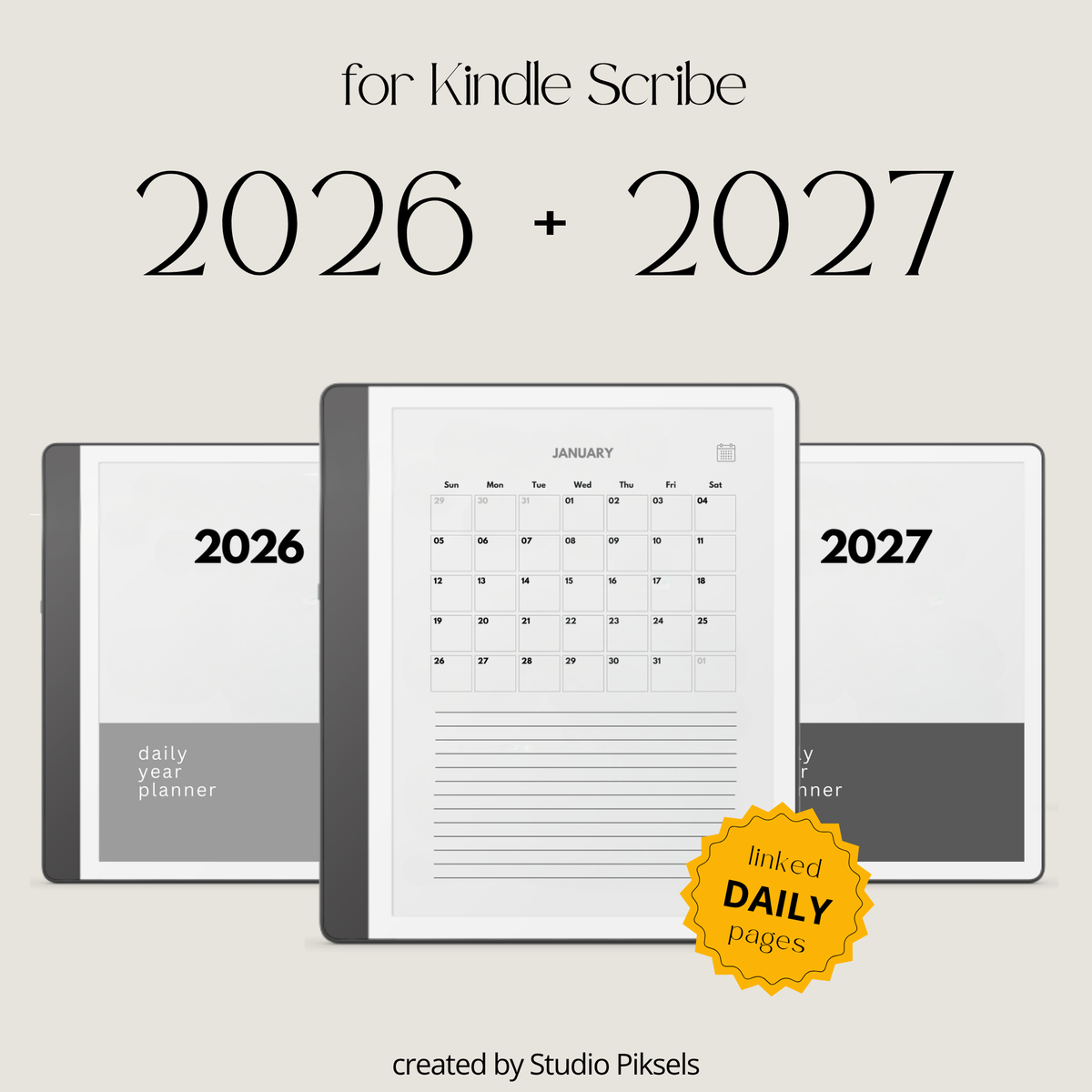 2026 and 2027 hyperlinked daily planners for Kindle Scribe with hourly schedules and monthly calendar layouts